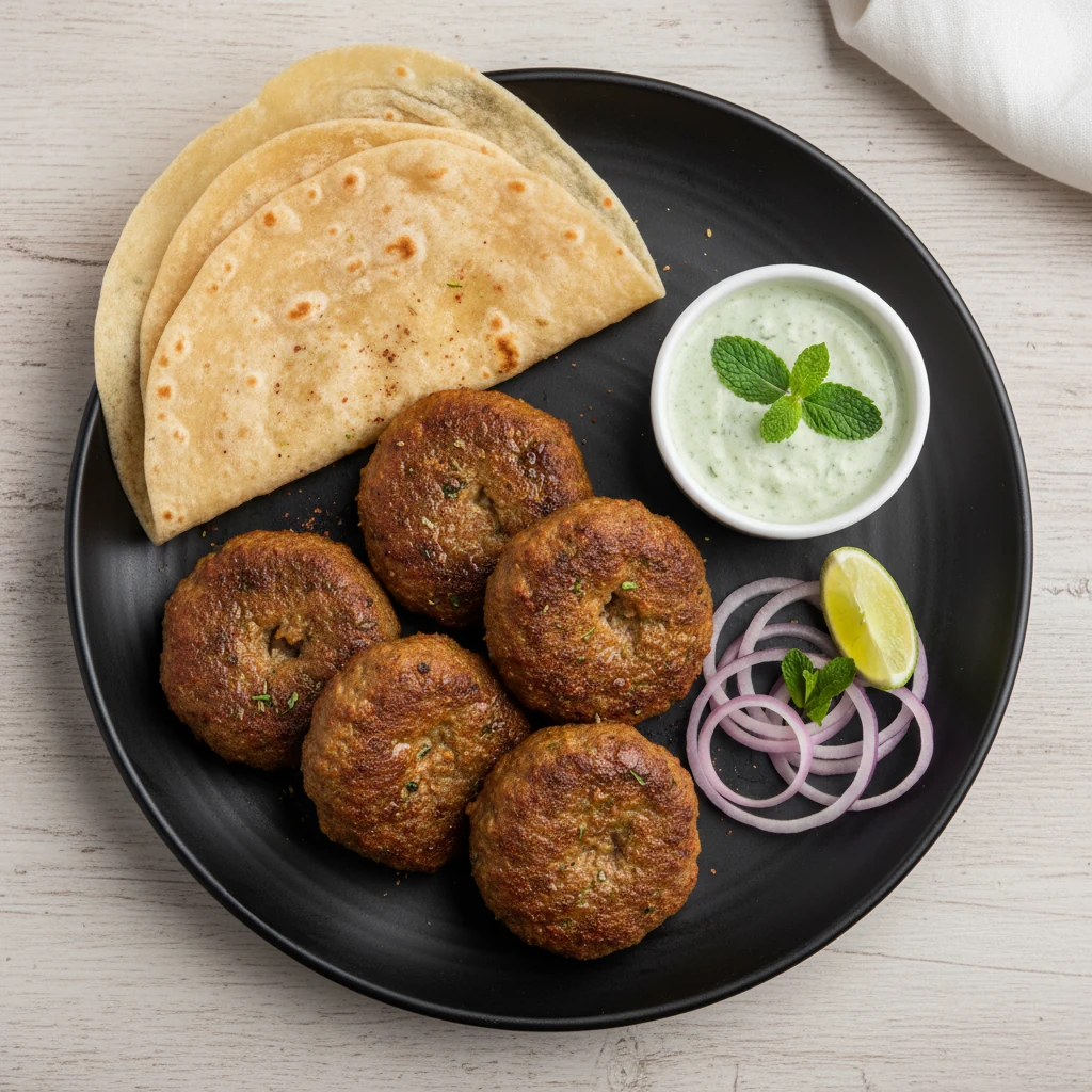 Food photography, Overhead shot of plated galouti kebabs: glossy, deep-golden patties on a matte black plate with rumali
