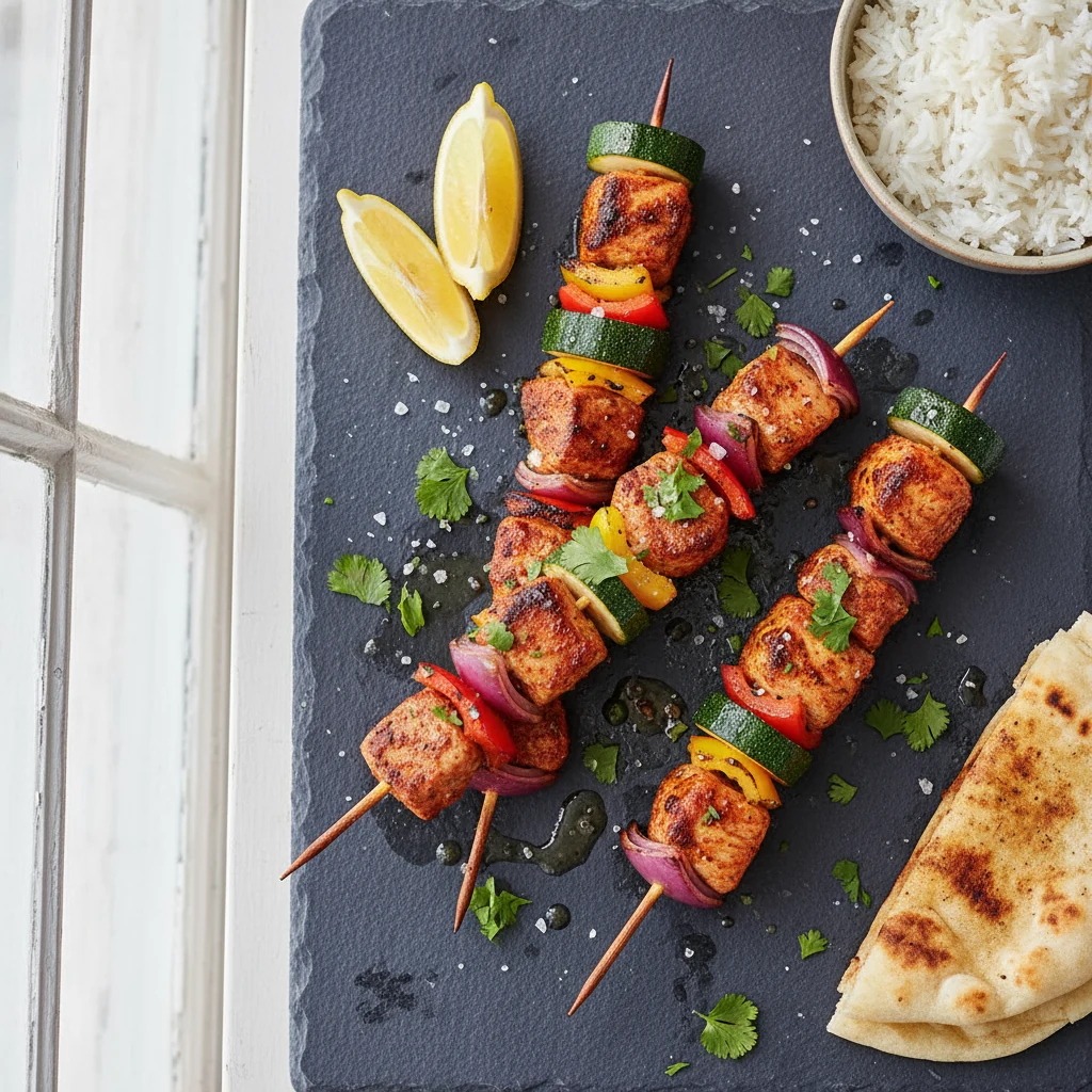 Food photography, Overhead shot of the final plated pork kebabs on a matte charcoal platter, evenly sized cubes with dee
