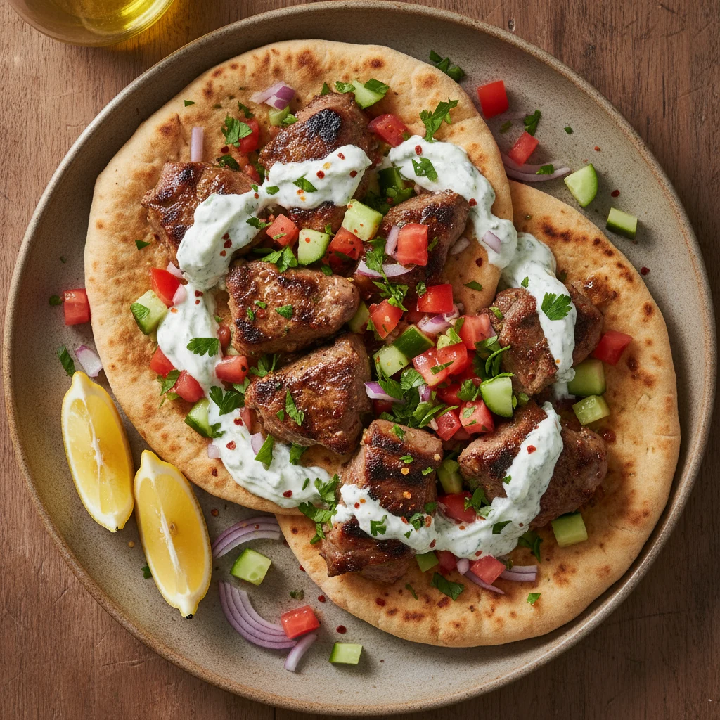 Food photography, Overhead final presentation: warm flatbreads loaded with juicy grilled lamb pieces, creamy dill–mint G