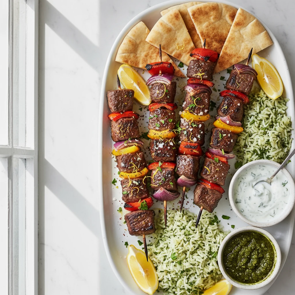 Food photography, Overhead final presentation of beef kebabs: medium-rare cubes with charred edges alternating with colo