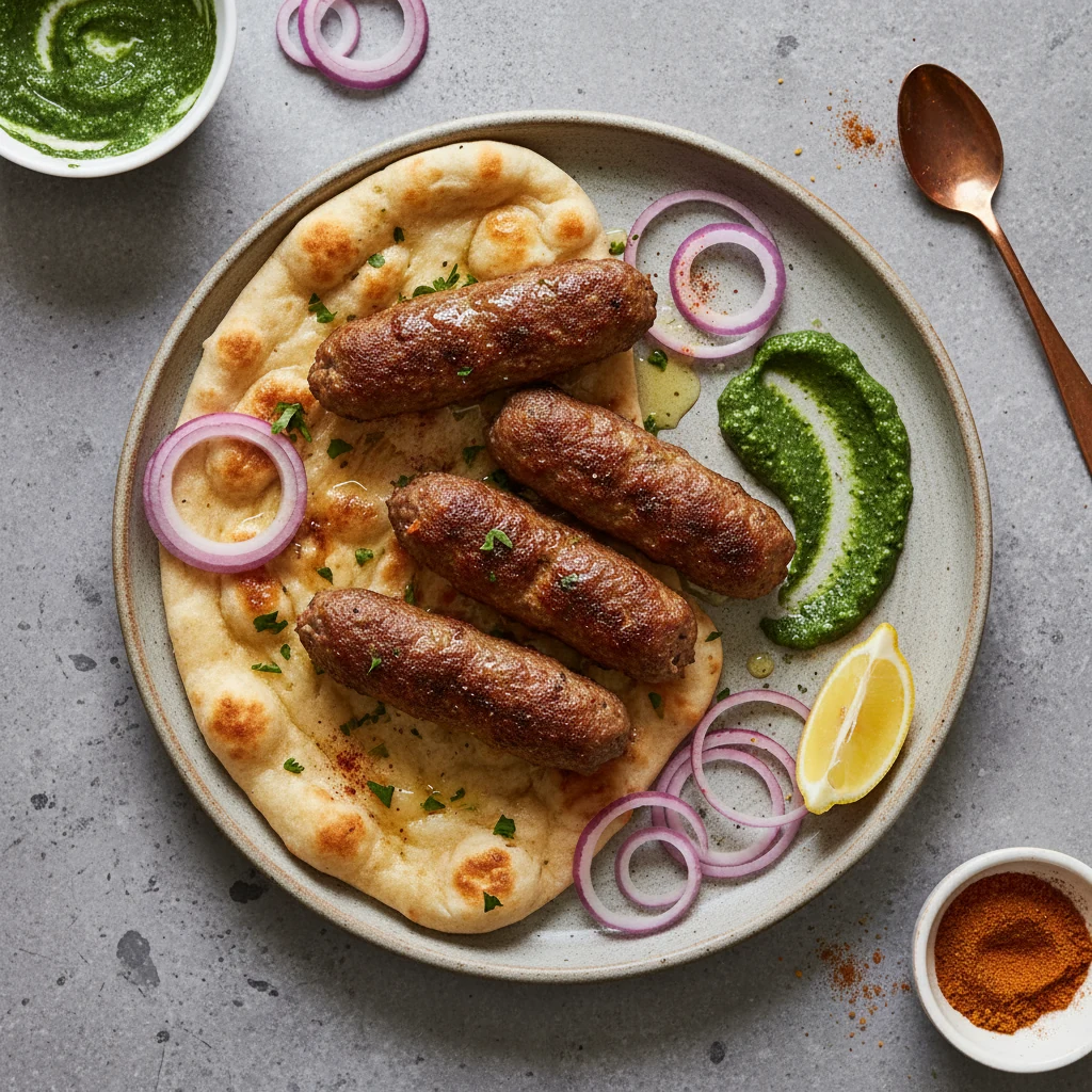 Food photography, 2. Tasty top view: beautifully plated lamb seekh kebabs on warm naan with mint–cilantro chutney, slice