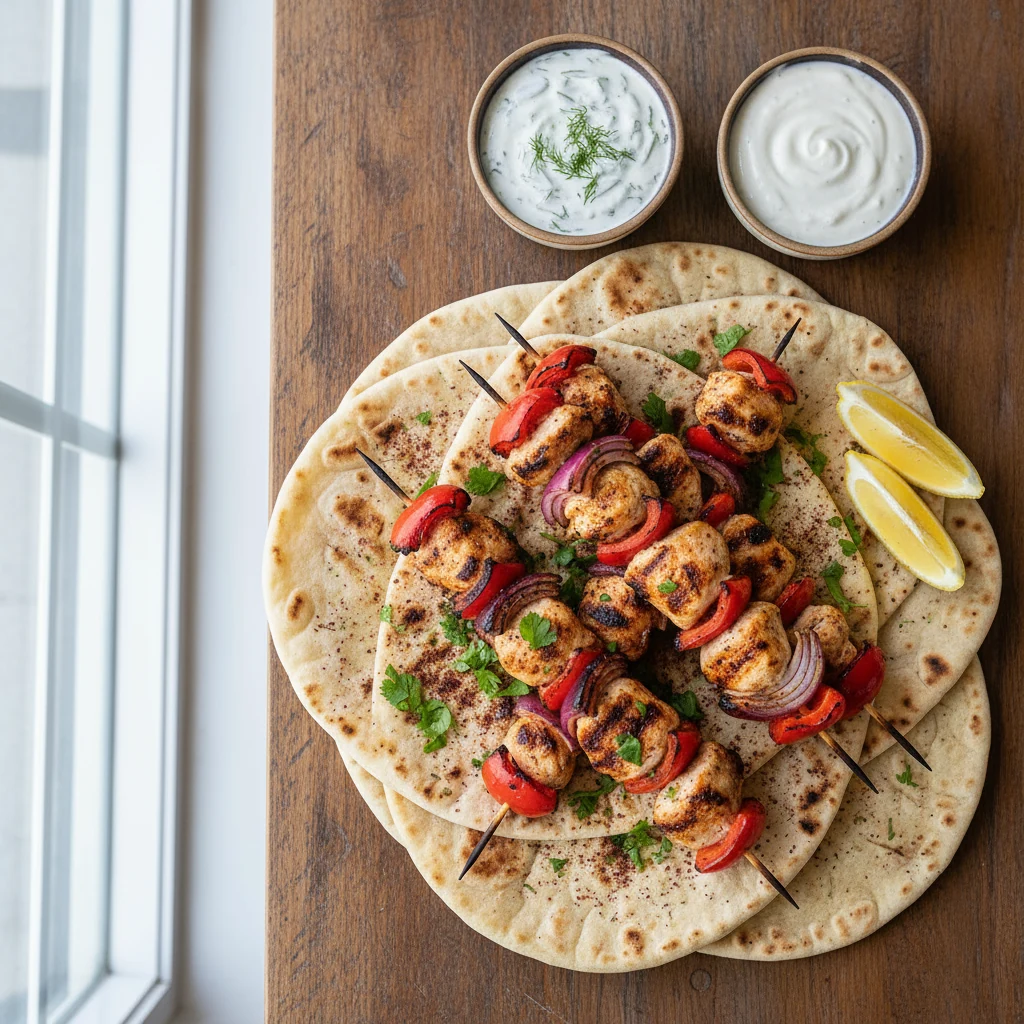 Food photography, Overhead shot of finished chicken kebab platter: juicy charred 1.25–1.5-inch pieces threaded with pepp
