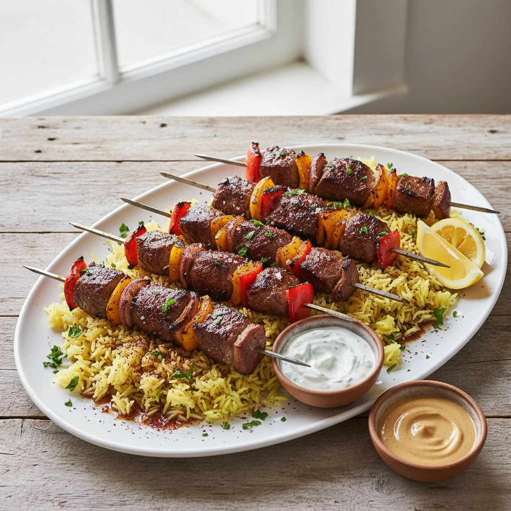 Food photography, Overhead shot of finished beef kebabs: charred beef, peppers, and red onion on metal skewers arranged 