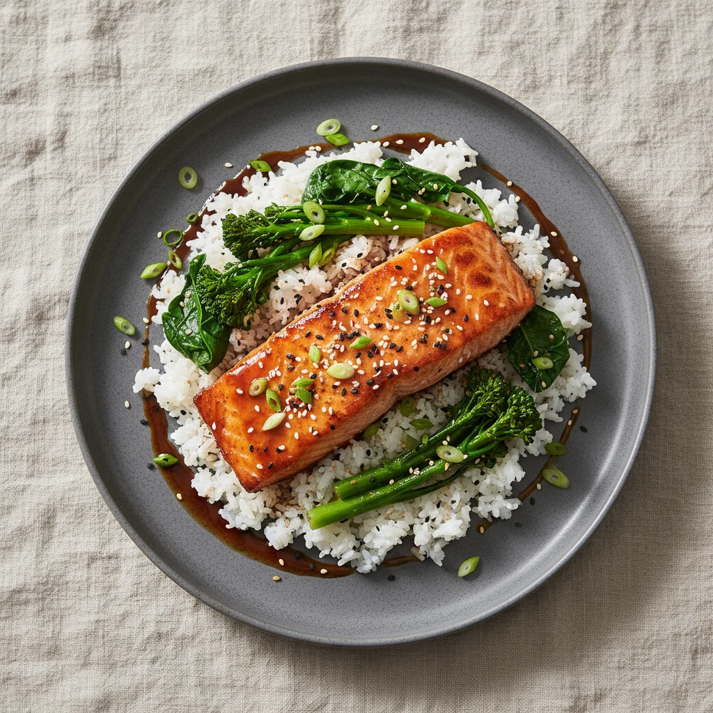Food photography, Overhead of miso–ginger glazed salmon, caramelized and glossy from a quick broil, on sesame rice with 