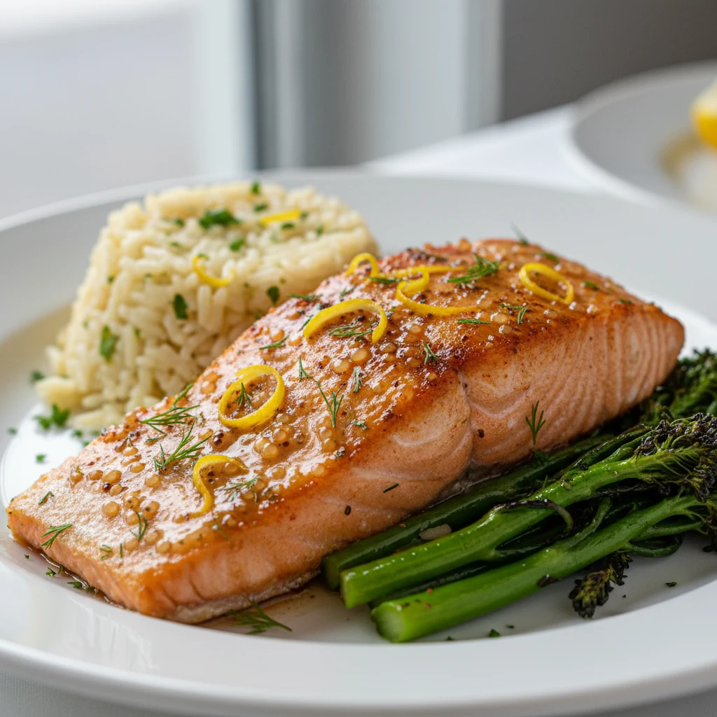 Food photography, Close-up of a plated baked salmon fillet, medium to medium-rare with moist, flaky layers and a lacquer