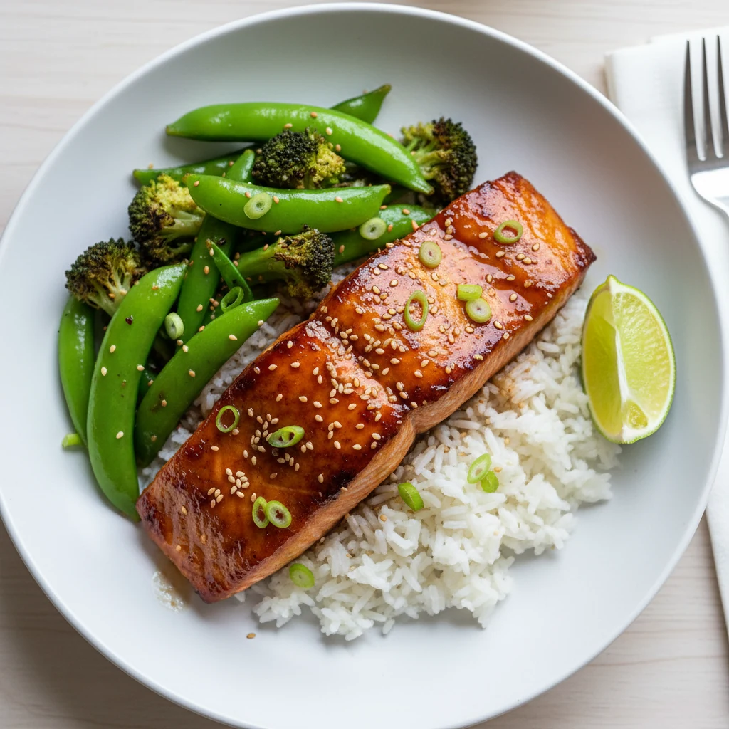 Food photography, Overhead shot of teriyaki honey-garlic salmon fillet plated over steamed jasmine rice with blistered s