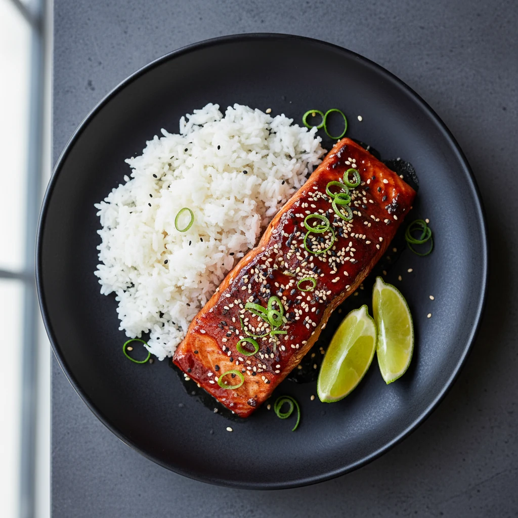 Food photography, 2. Overhead shot of gochujang–sesame glazed salmon plated restaurant-style: deep red glossy glaze with