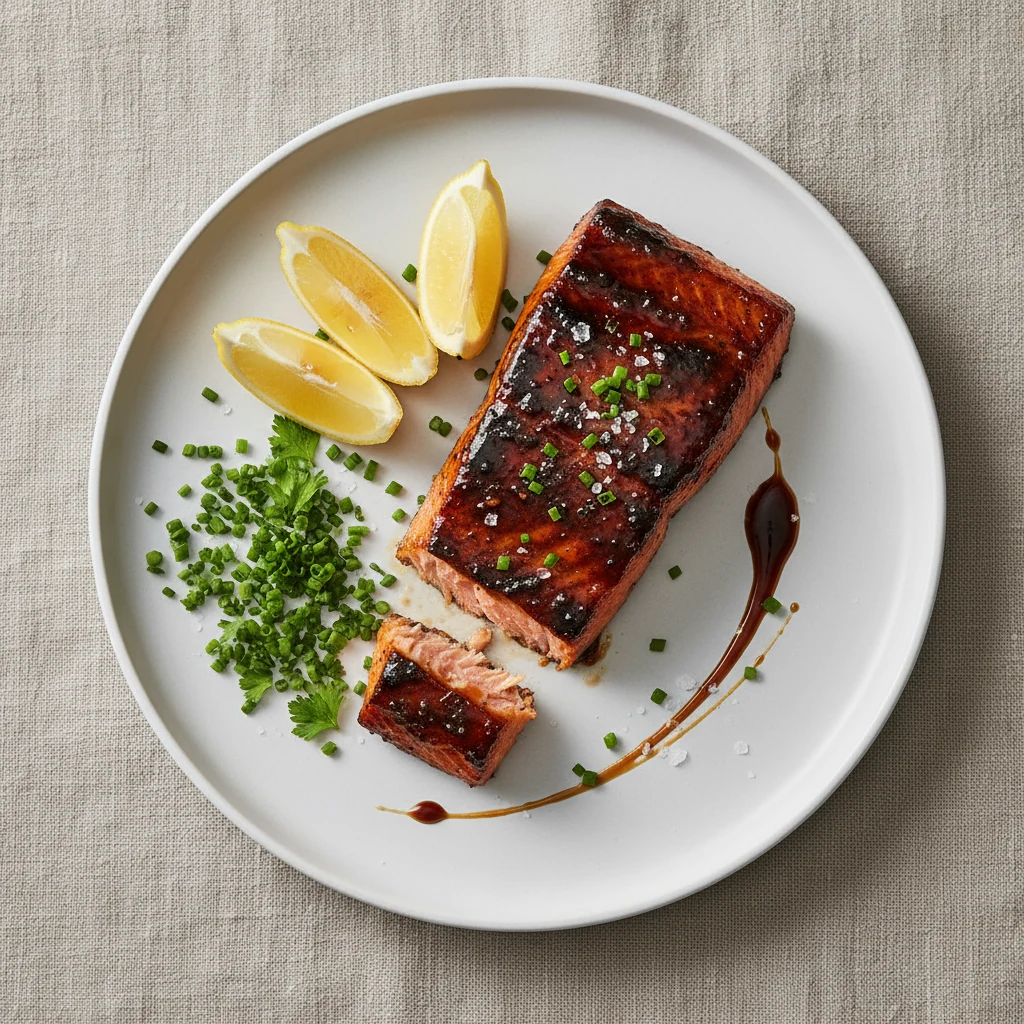 Food photography, Overhead of final BBQ salmon plated: lacquered sweet-smoky glaze with subtle char, flaky medium center