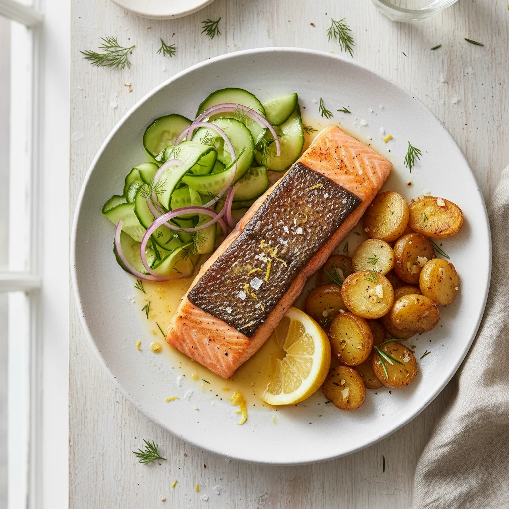 Food photography, 2. Overhead shot of plated pan-seared salmon with shatter-crisp skin, lemon zest and squeeze, flaky sa