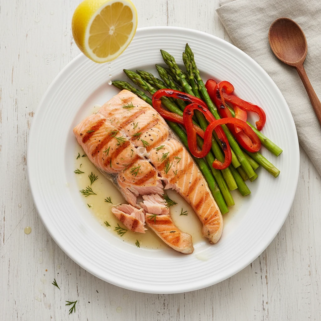 Food photography, Overhead shot of beautifully plated grilled foil-pack salmon with light sear marks, a few flakes pulle