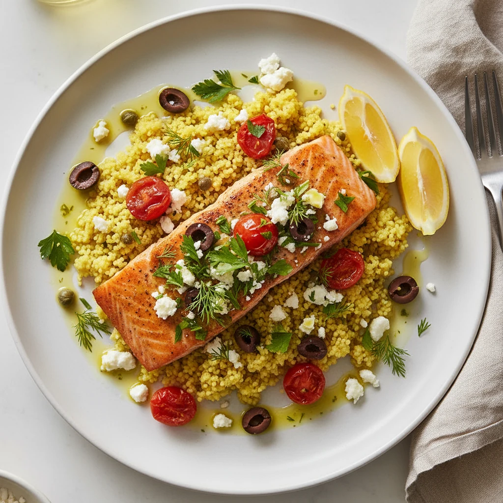 Food photography, 2. Overhead shot of the final plated Mediterranean salmon on matte white ceramic over lemony couscous:
