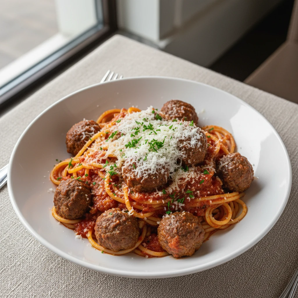 Food photography, 2. Tasty top view: Overhead shot of spaghetti with beef meatballs coated in rich marinara, showered wi