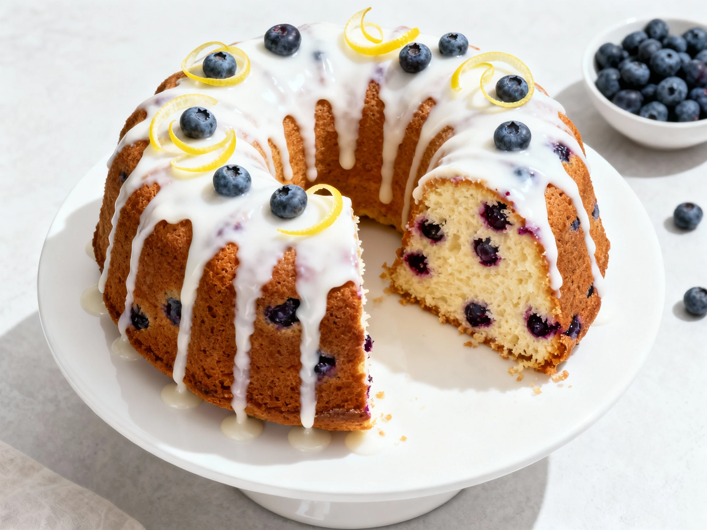 Food photography, Overhead shot of the fully glazed blueberry bundt cake on a white cake stand; thick white lemon glaze 
