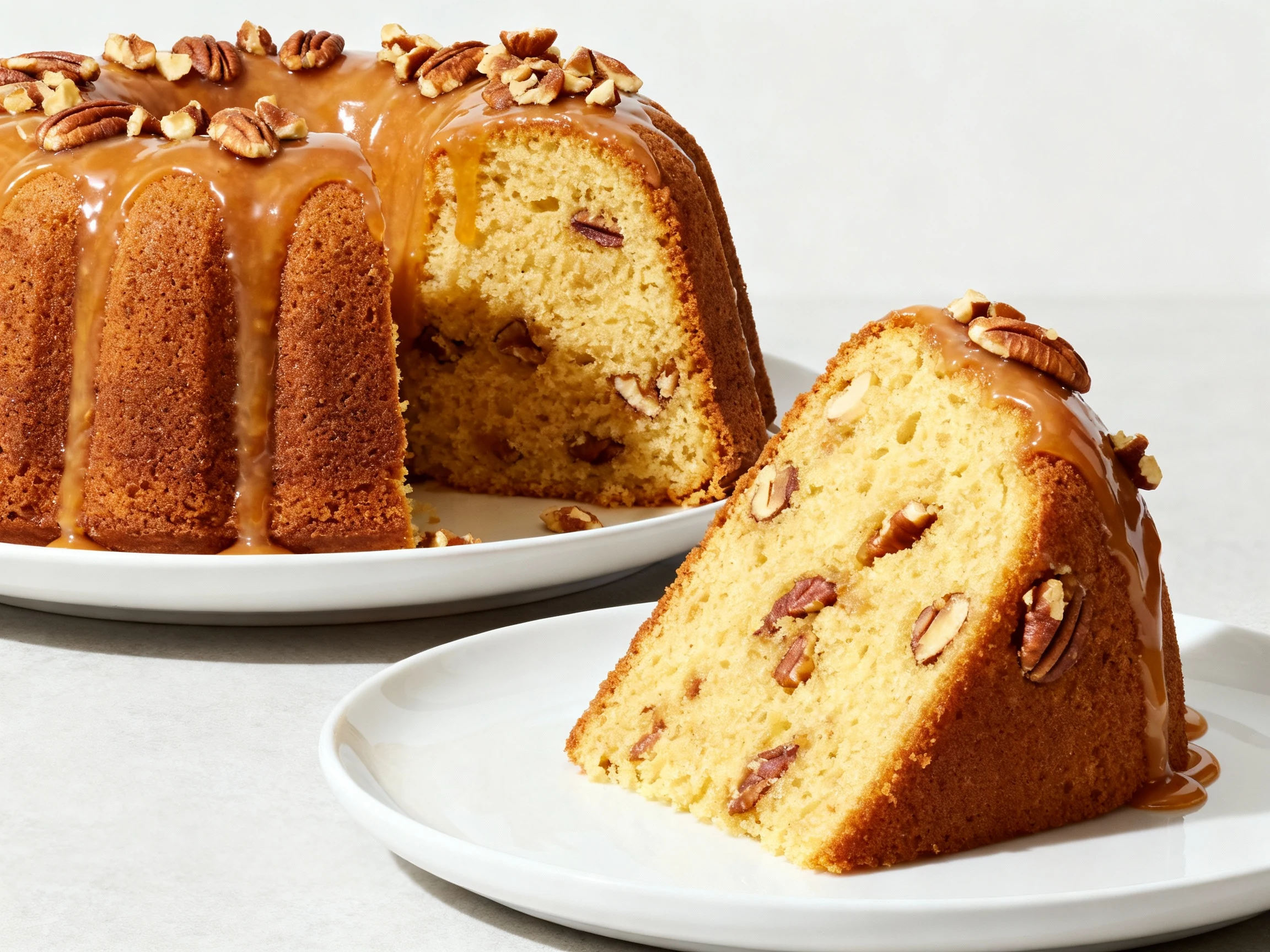 Food photography, Close-up of a butter pecan Bundt cake with glossy maple glaze cascading over deep ridges, garnished wi