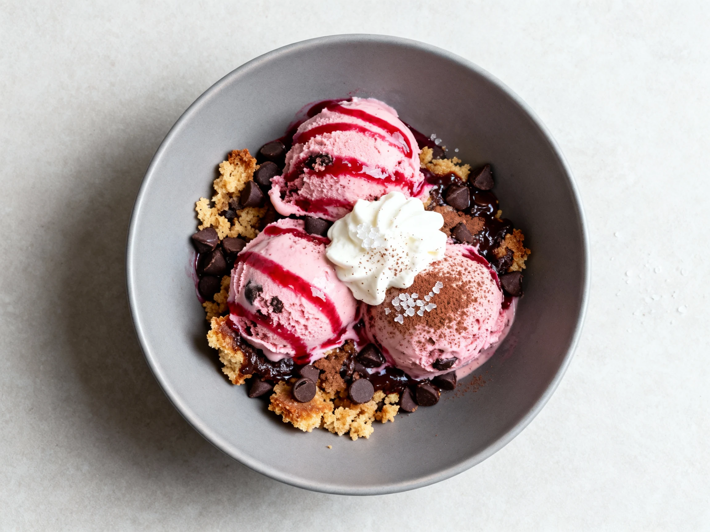 Food photography, Top-down final presentation of Raspberry Truffle dump cake: scoops in a shallow matte gray bowl with a