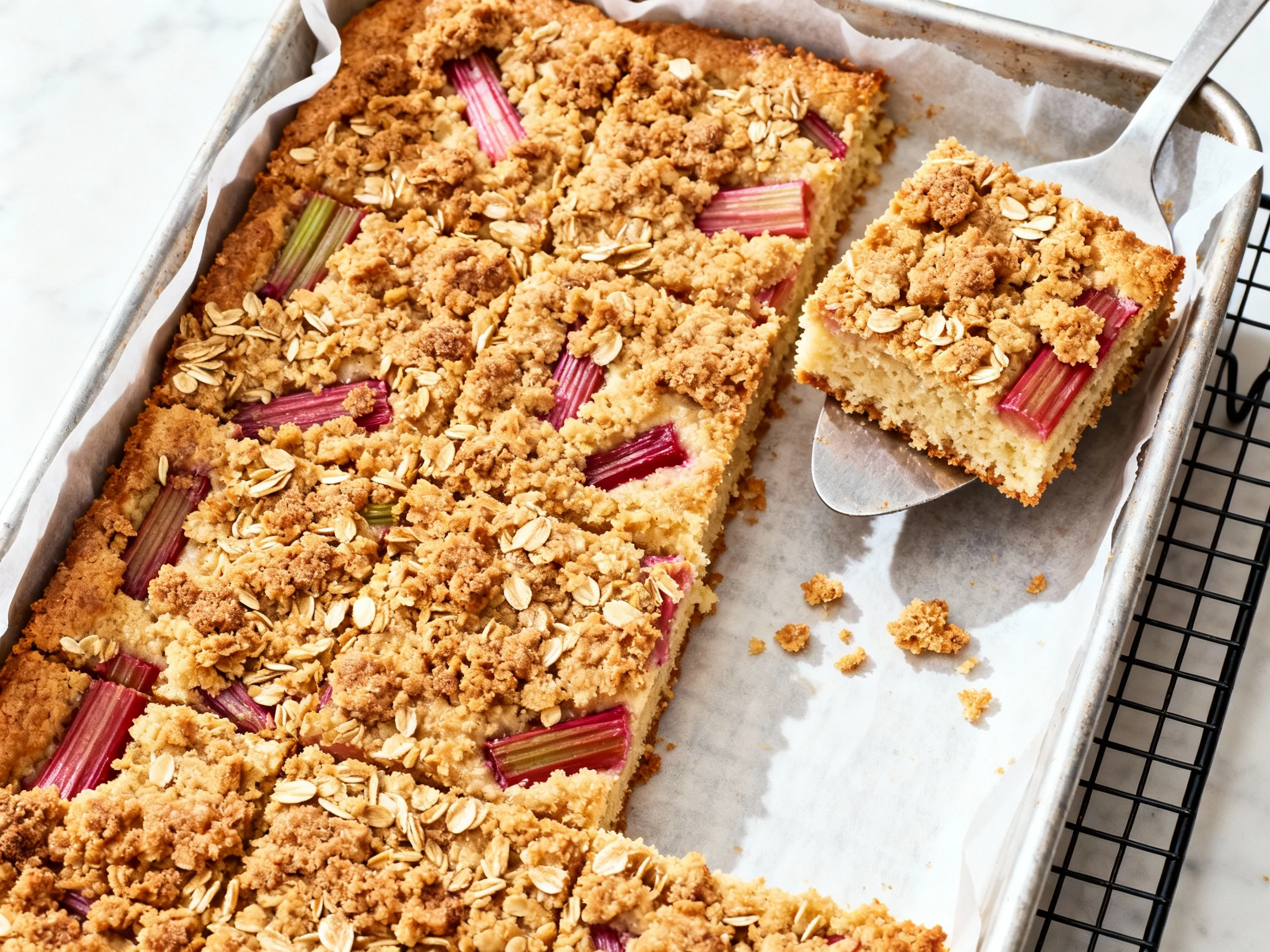 Food photography, Overhead shot of the freshly baked rhubarb streusel cake cooling in a 9x13 pan lined with parchment: g