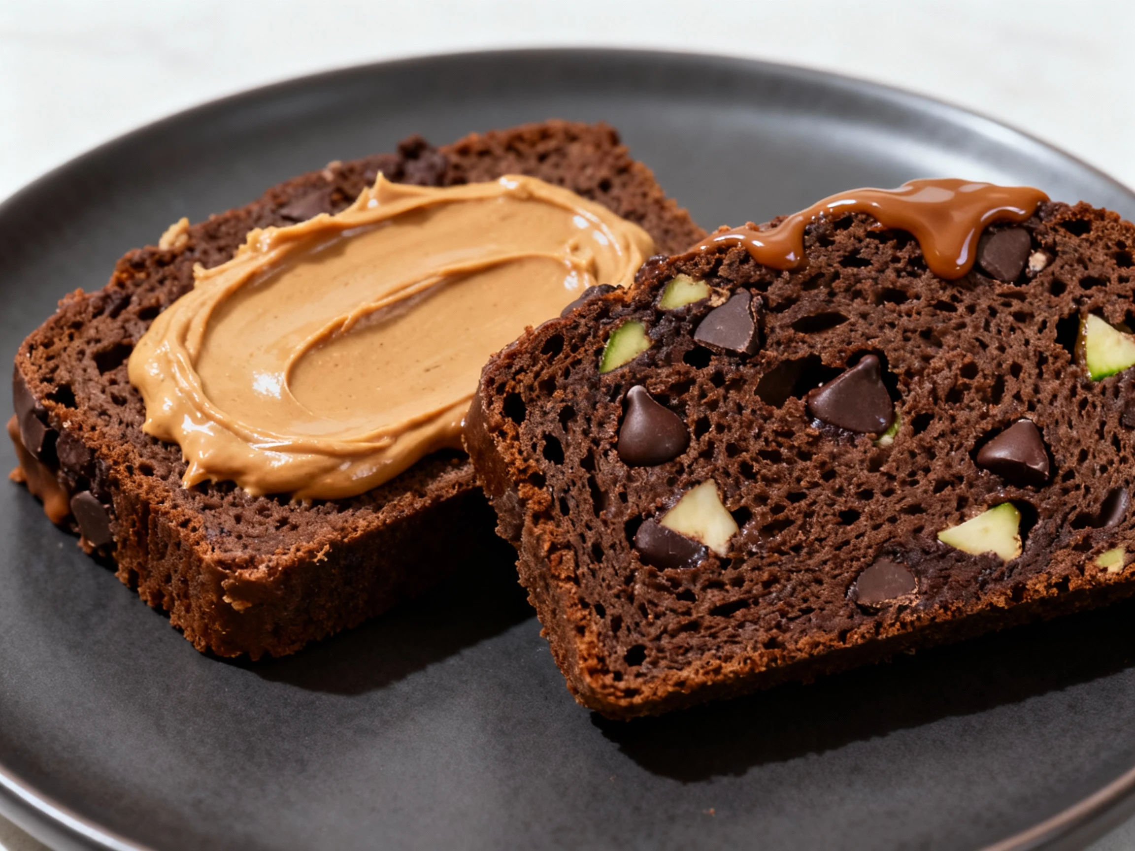 Food photography, 2. Close-up of two thick slices of chocolate zucchini bread on a matte dark plate, plush fudgy crumb w