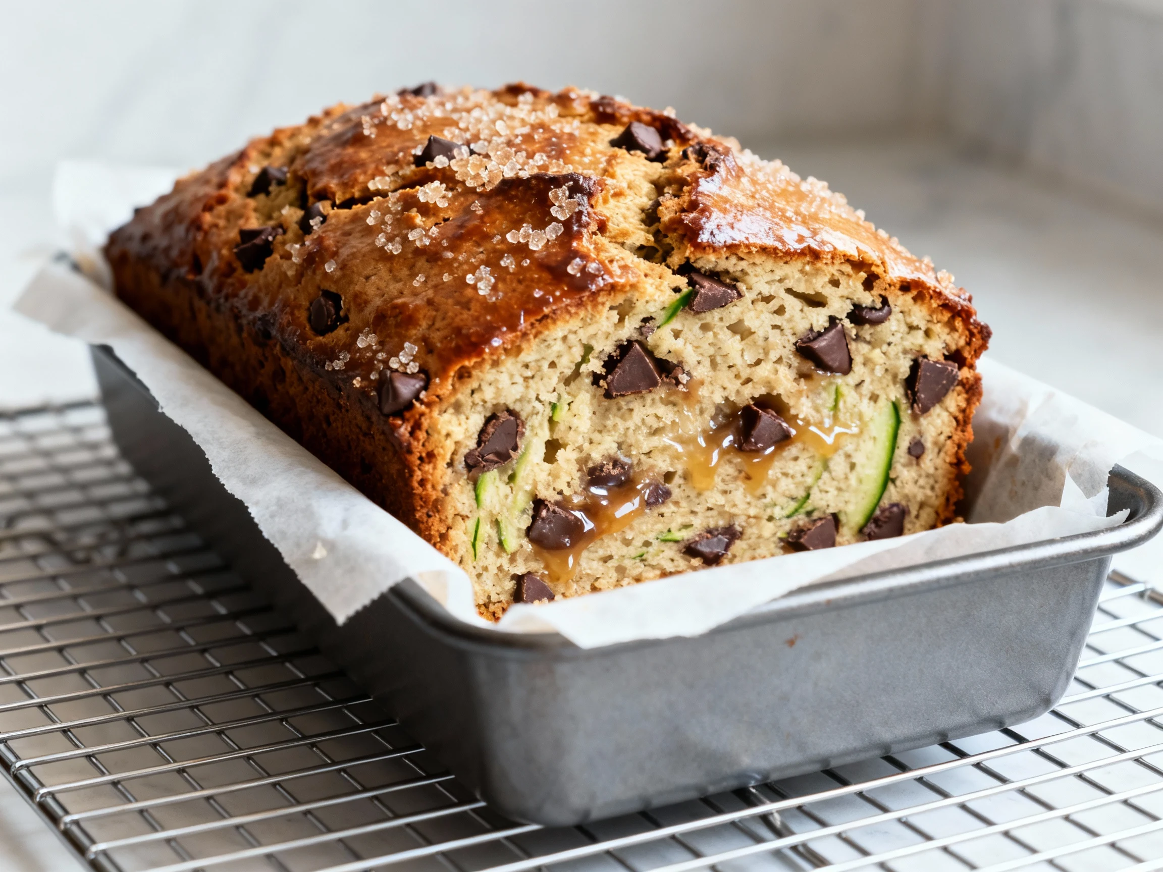 Food photography, Close-up macro of a freshly baked chocolate chip zucchini bread loaf cooling in a parchment-lined 9×5-