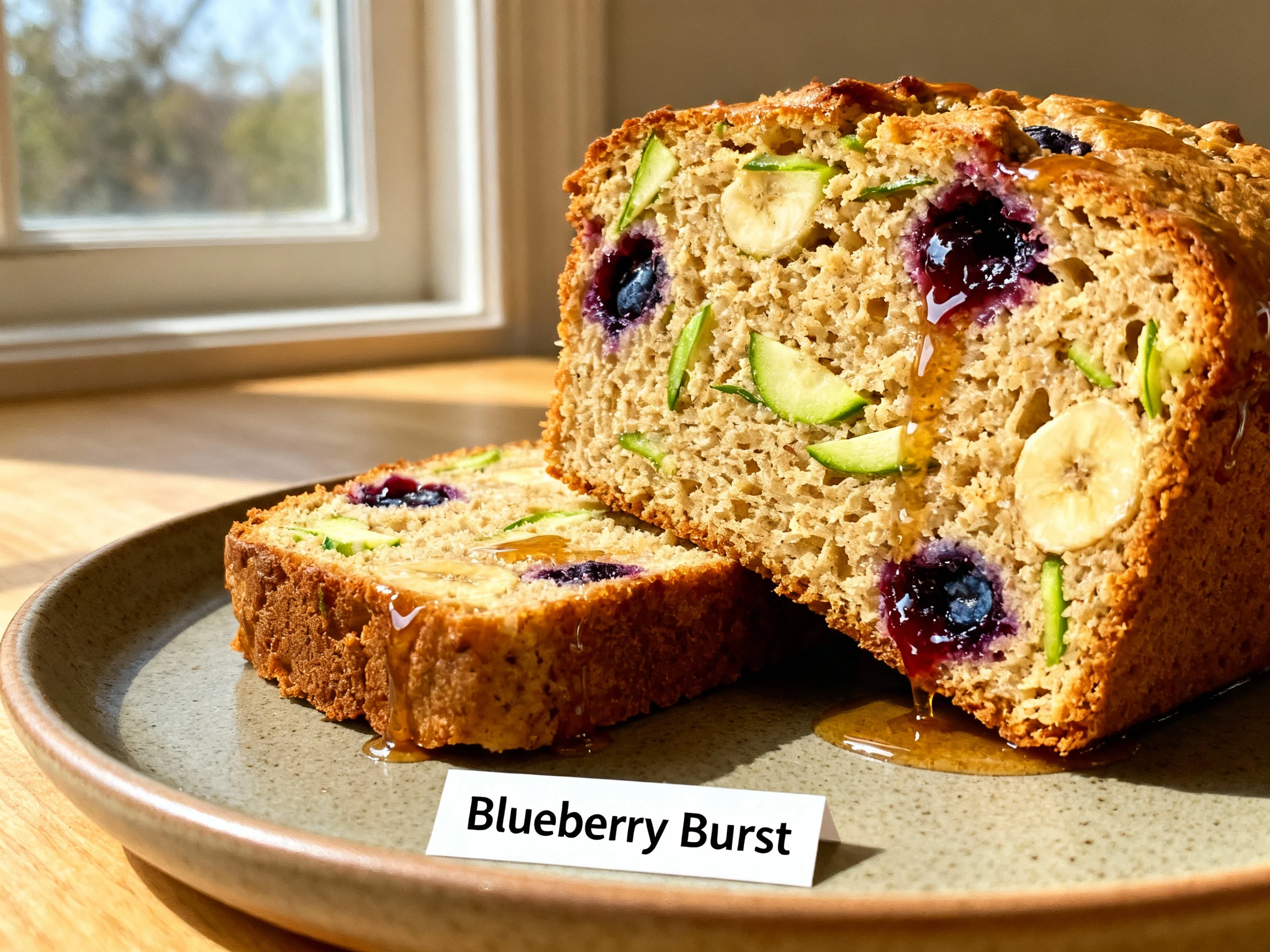 Food photography, Close-up 3/4 angle of two thick slices of zucchini banana bread (Blueberry Burst) on a matte ceramic p