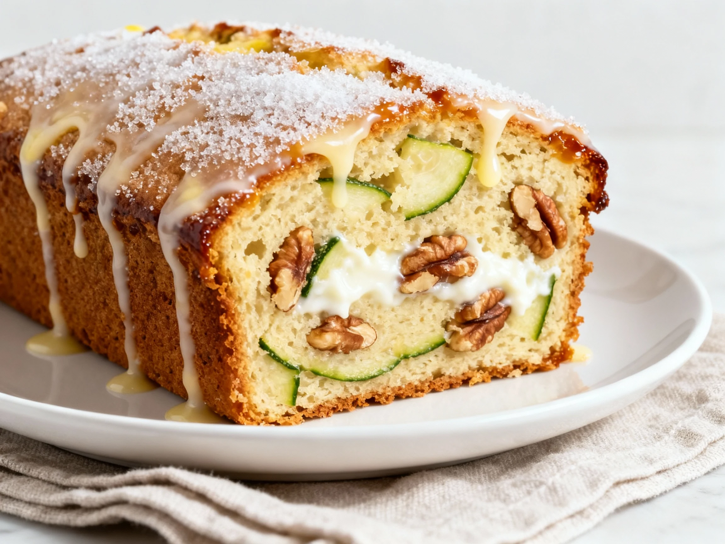 Food photography, Close-up plated slice of zucchini bread with lemon–vanilla glaze cascading over the crisp sugar crust;