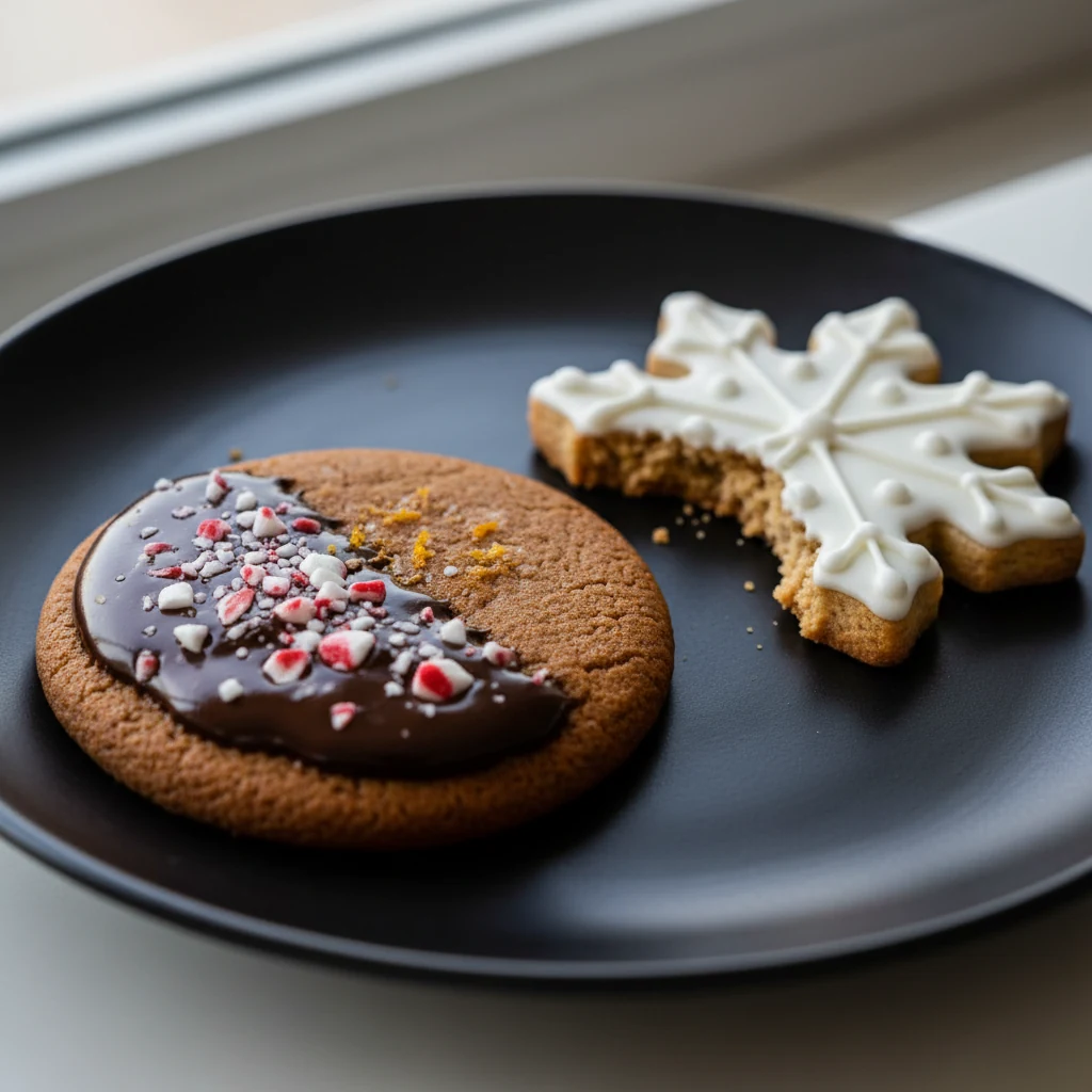 Food photography, 2. Close-up of a gingerbread cookie half-dipped in glossy dark chocolate and sprinkled with crushed ca