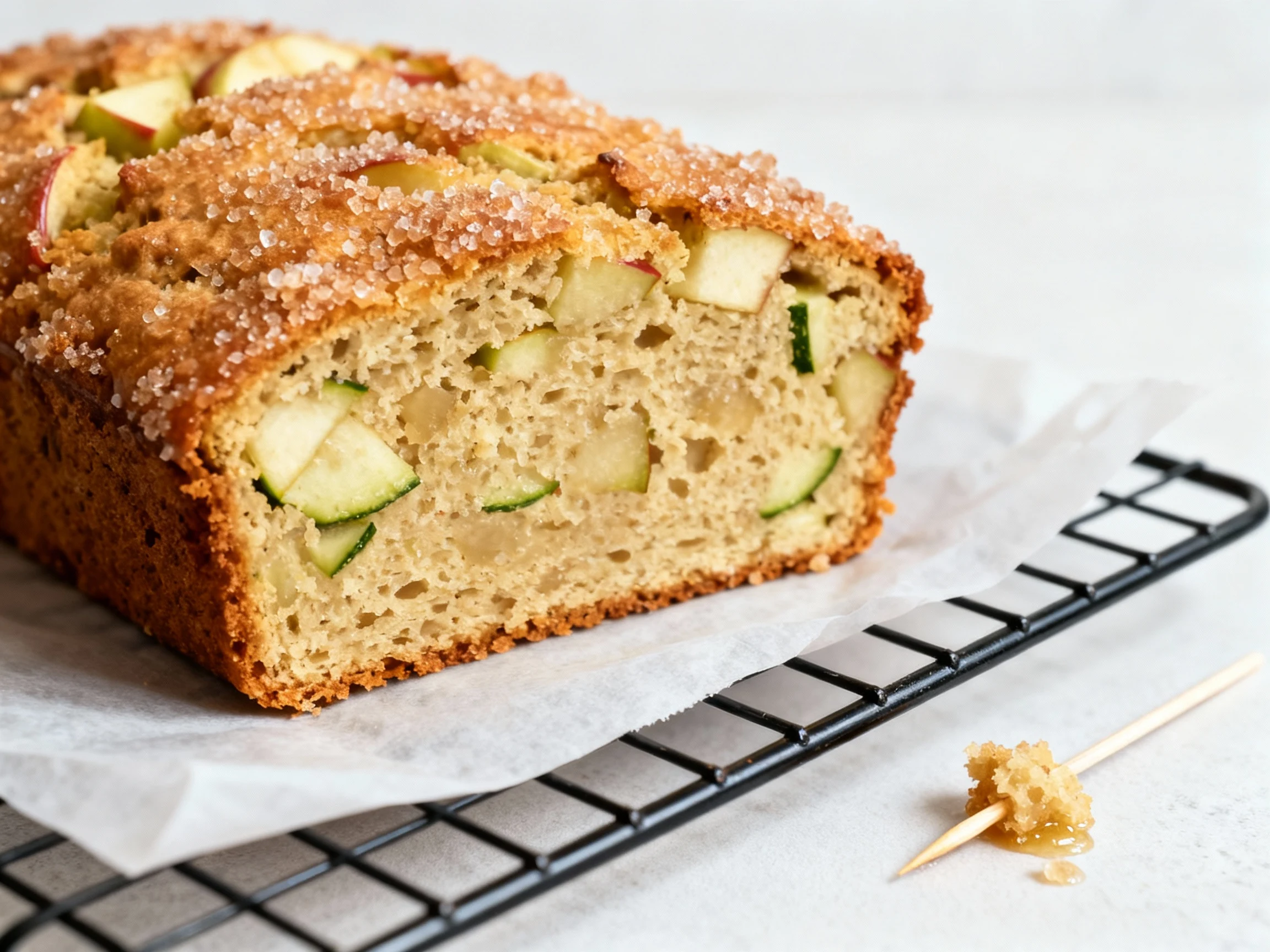 Food photography, Close-up of the baked apple zucchini bread cooling on a wire rack with a parchment sling, tight focus 