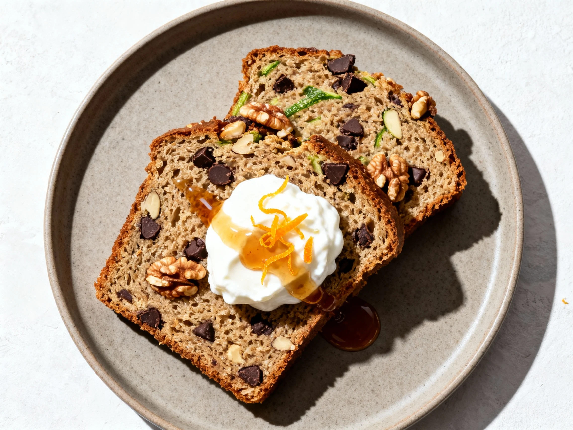 Food photography, 2. Overhead shot of thick slices of healthy zucchini bread on a matte ceramic plate, showcasing tender