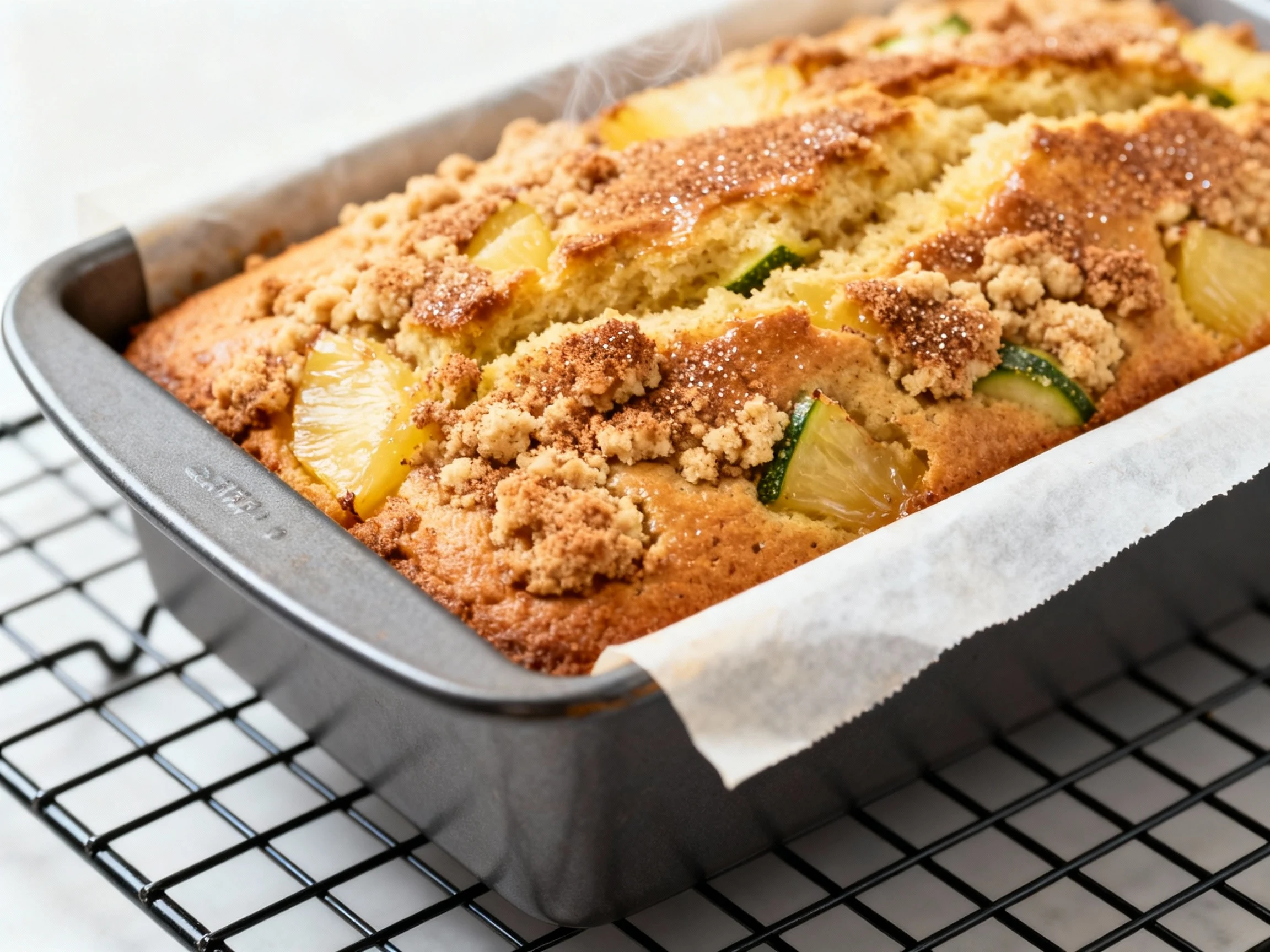 Food photography, Close-up of a just-baked pineapple–zucchini loaf cooling in a parchment-lined 9x5 pan on a wire rack, 