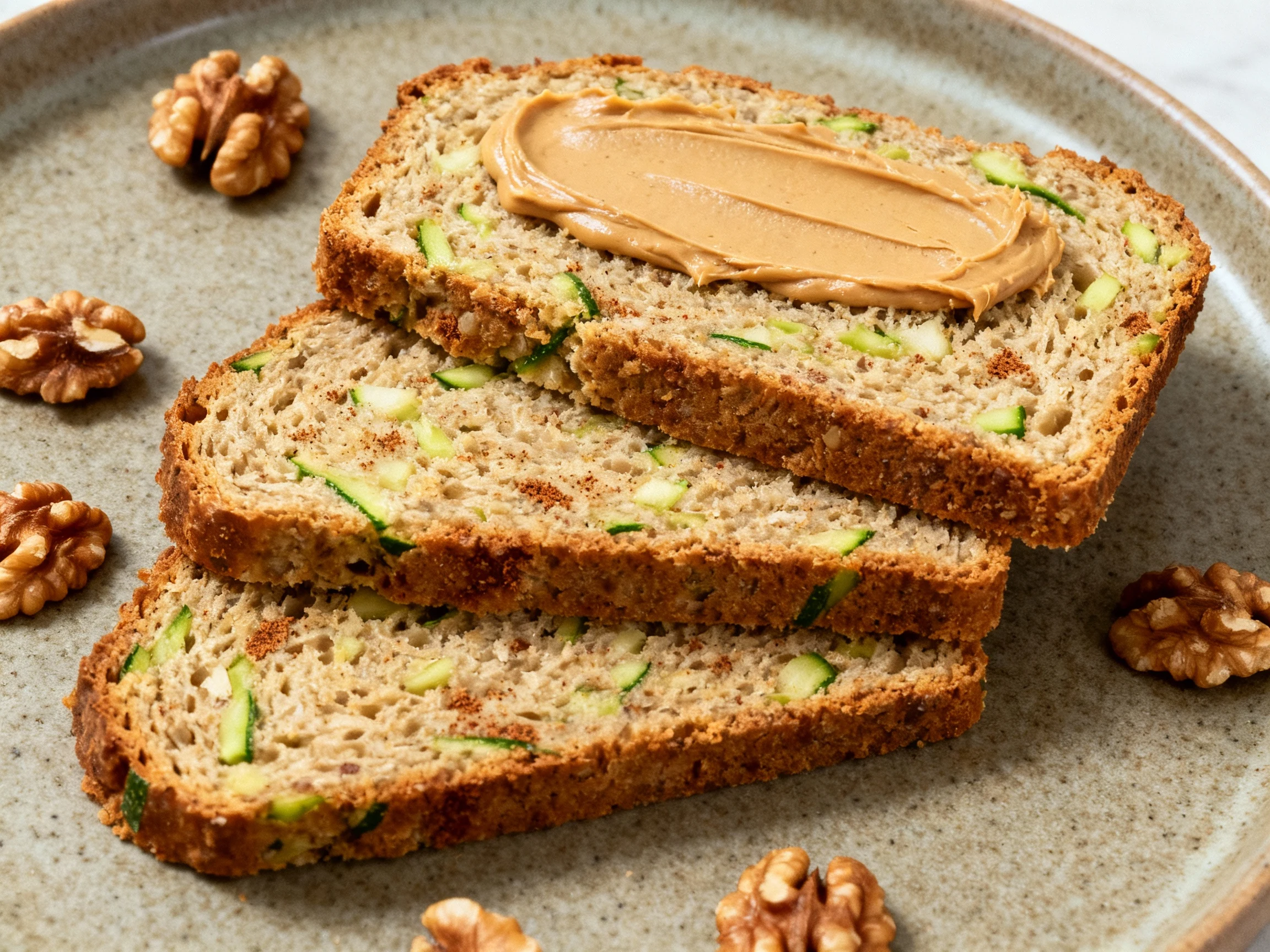 Food photography, Close-up of 3 slices of healthy zucchini bread fanned on a matte stoneware plate, tender whole-grain c