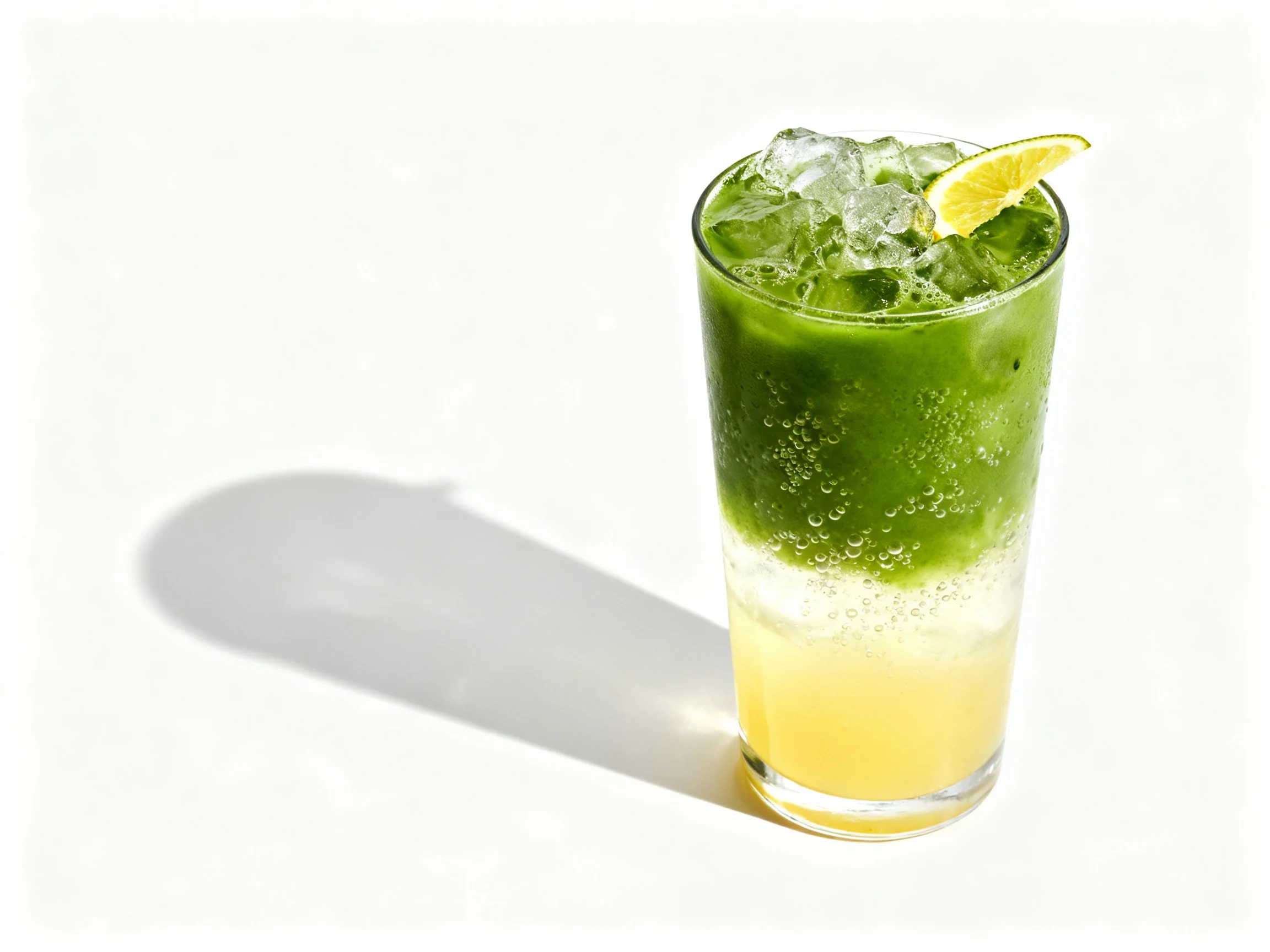 Food photography, Overhead final presentation: Sparkling Yuzu Matcha—tall highball packed with ice, yuzu juice and simpl