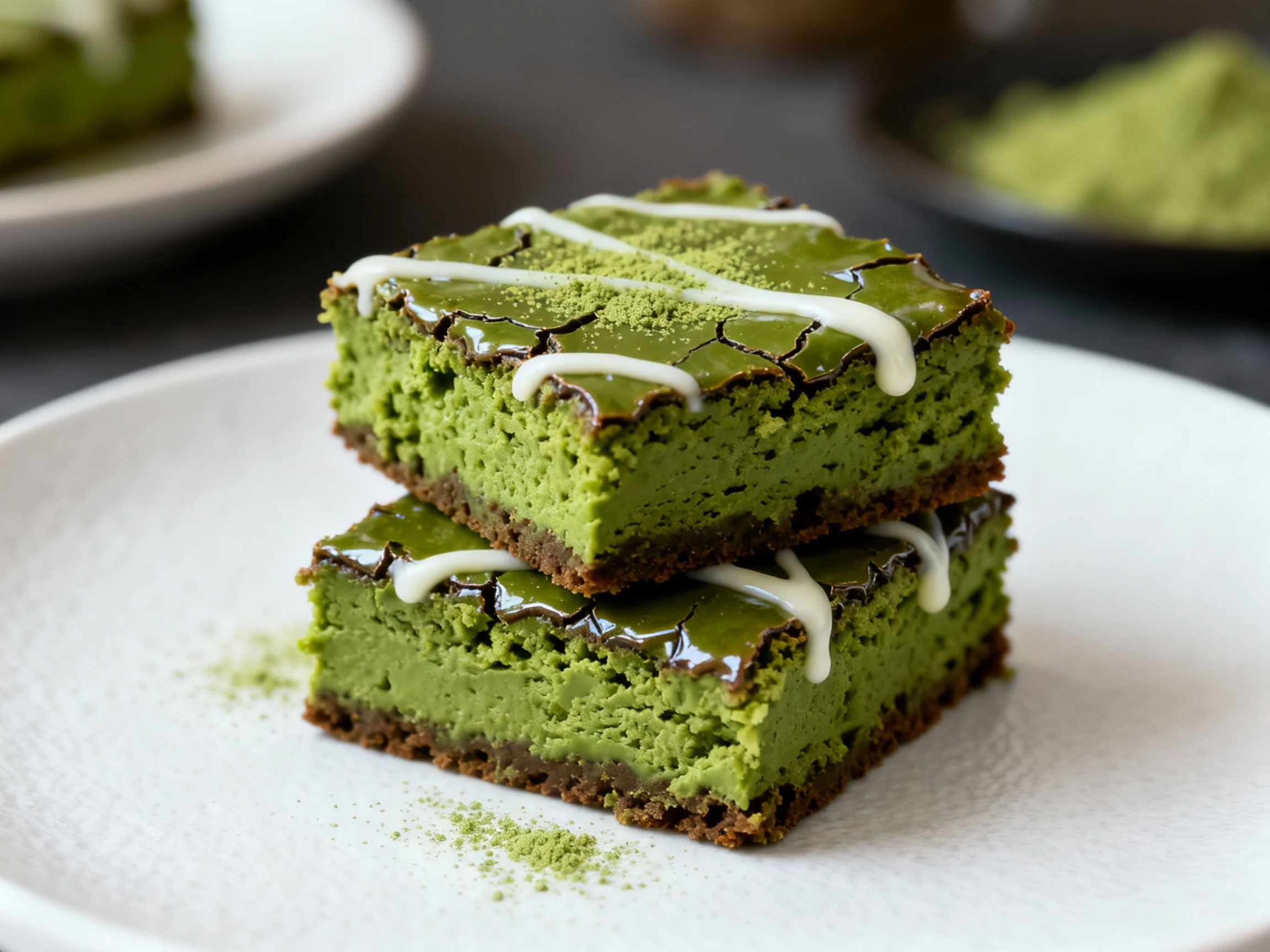 Food photography, 2. Close-up of two matcha brownie squares stacked on a matte white plate—vivid green fudgy crumb and g