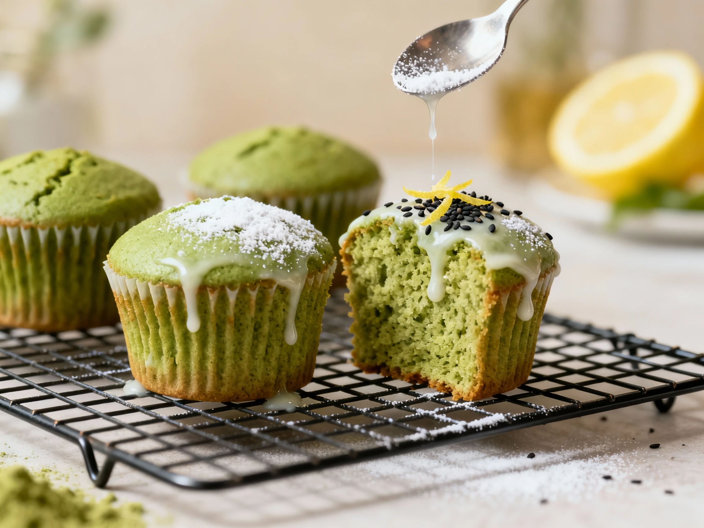 Food photography, Three-quarter close-up of matcha cupcakes on a wire rack, just baked with clean green tops; thin powde