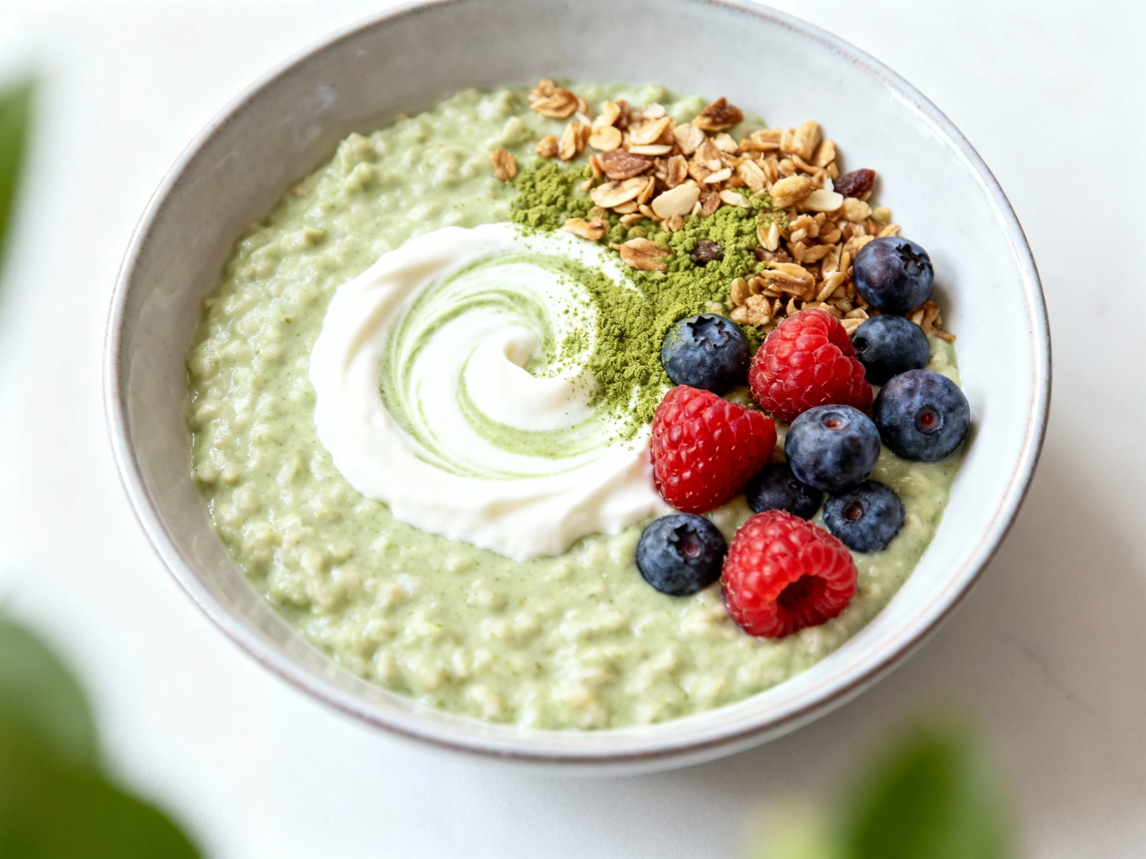 Food photography, Overhead shot of matcha overnight oats in a shallow bowl: creamy pale-green oats topped with a Greek y