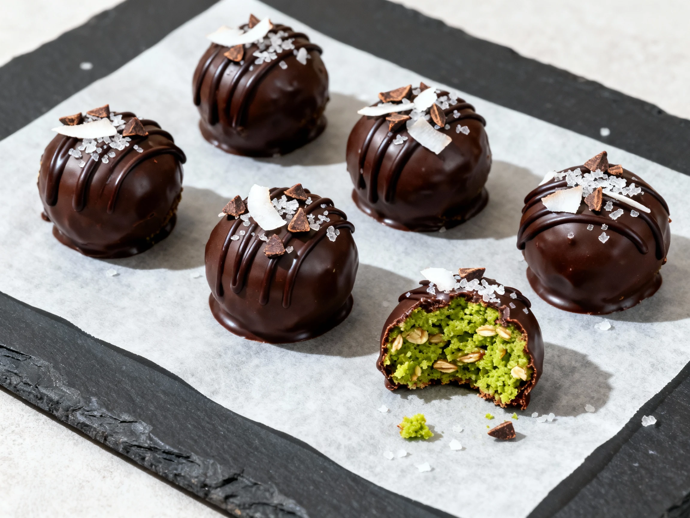 Food photography, 2. Tasty top view: chocolate-dipped matcha energy bites neatly arranged on parchment atop a dark slate