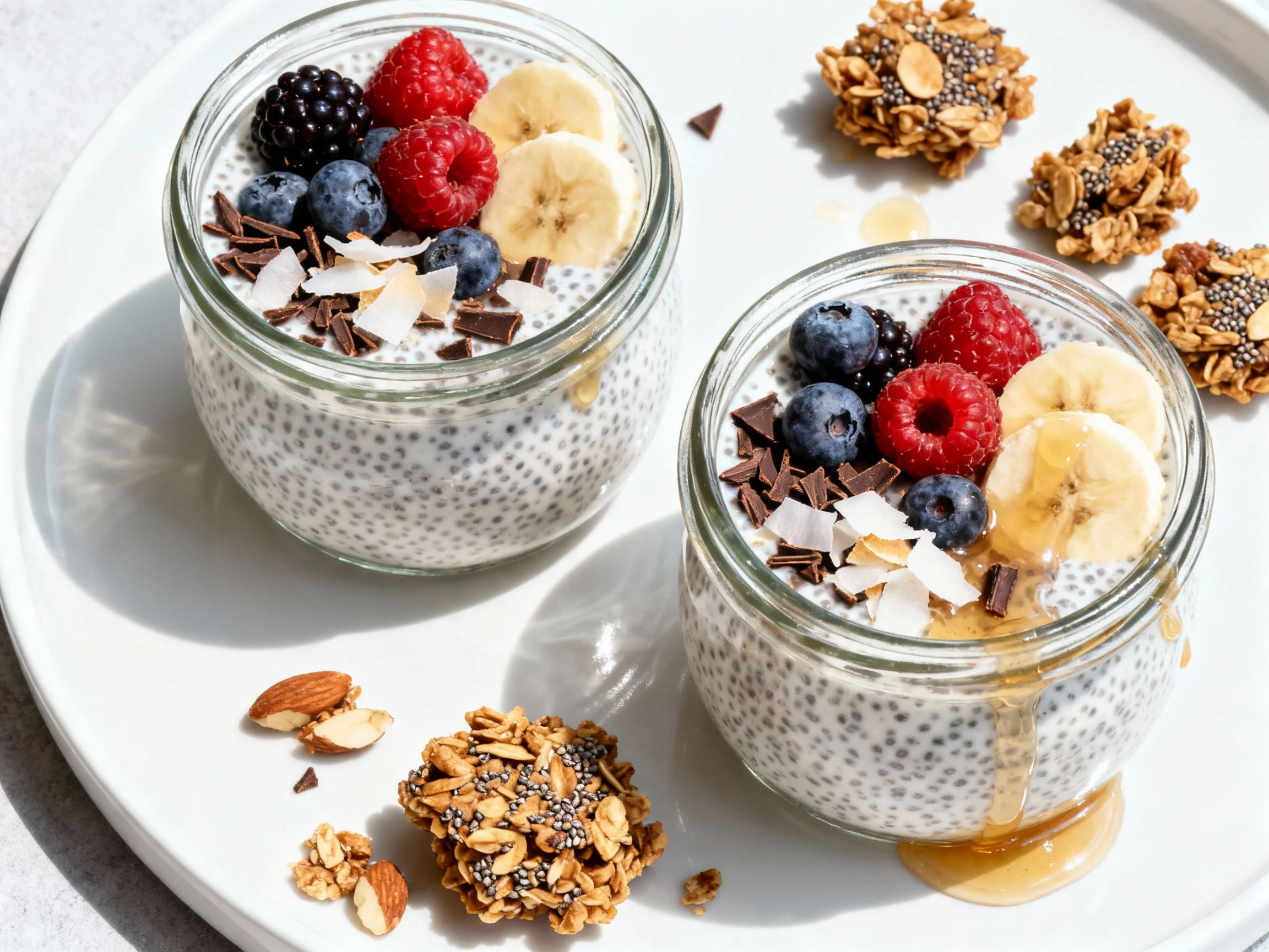 Food photography, Overhead shot of no-cook vanilla chia pudding in two glass jars, creamy speckled texture; topped with 