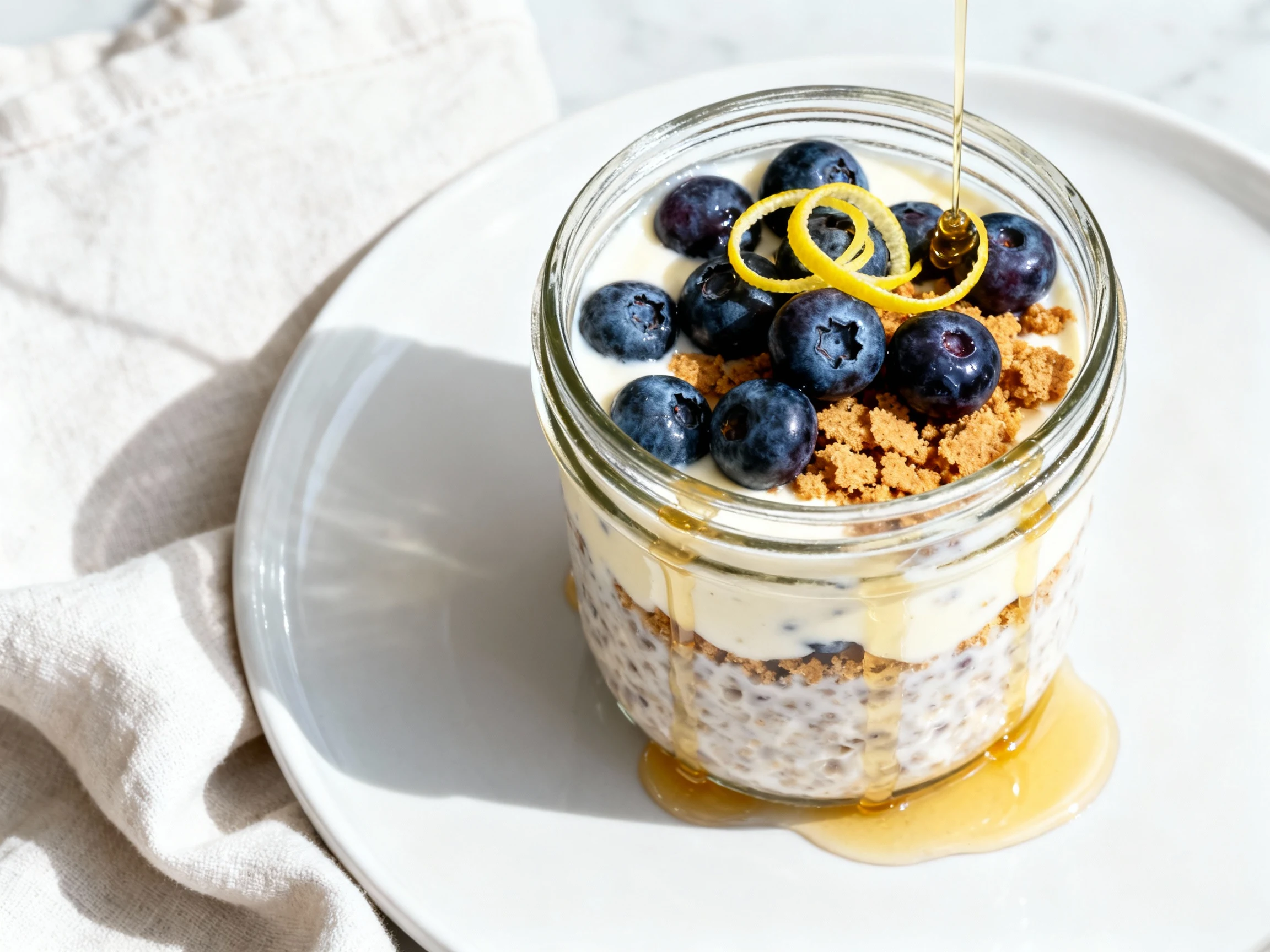 Food photography, Overhead final: Blueberry Lemon Cheesecake overnight oats in a glass jar—ultra-creamy base topped with