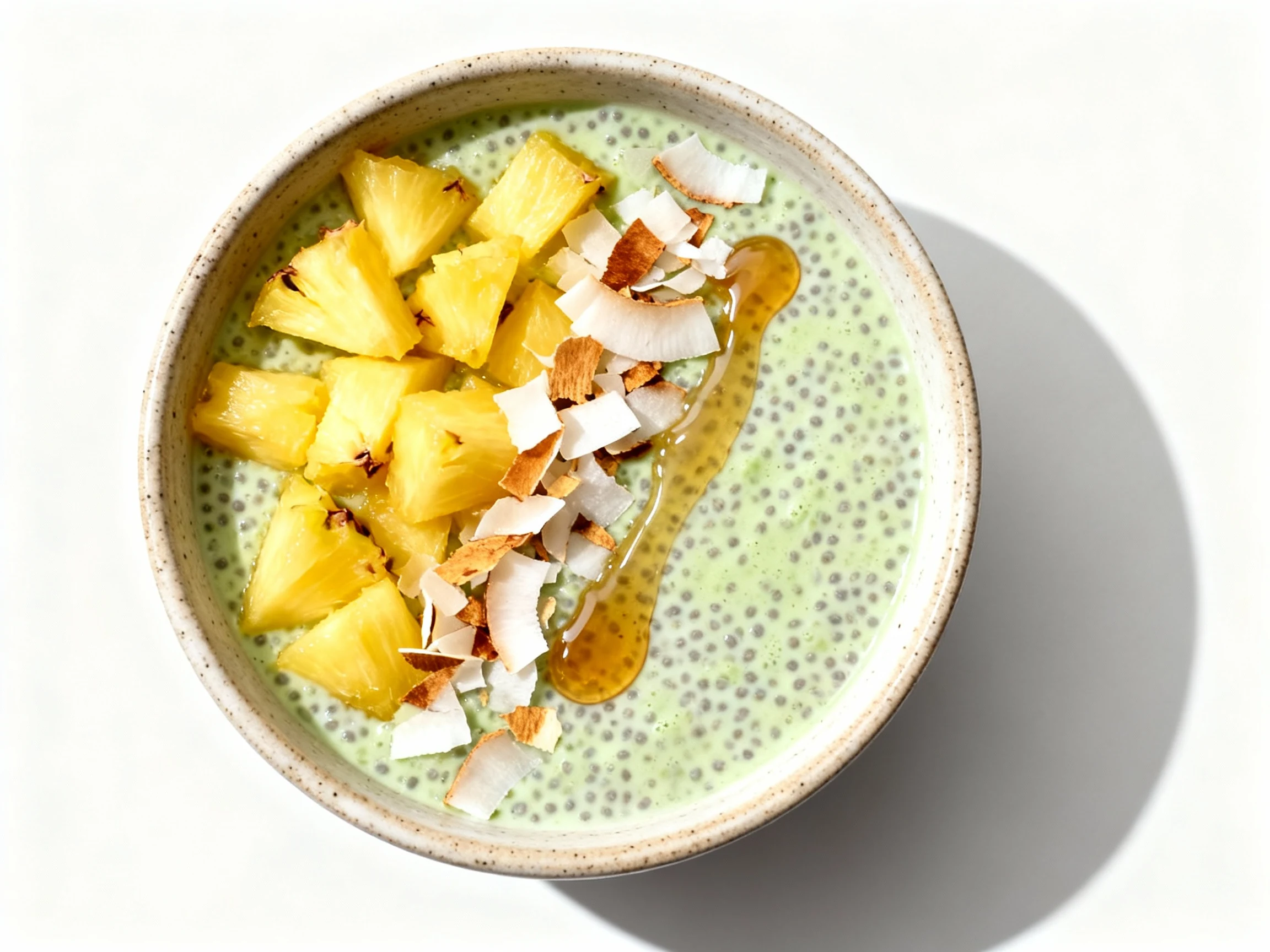 Food photography, 2. Overhead shot of Tropical Matcha chia pudding: pale-green coconut-milk base in a ceramic bowl, topp