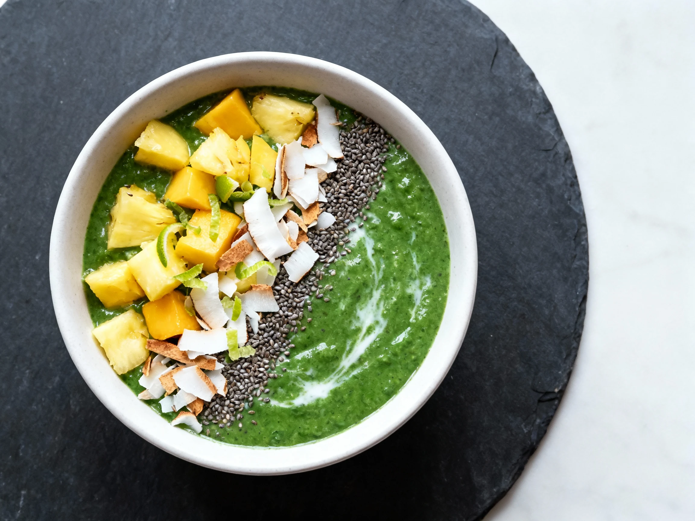 Food photography, Overhead shot of Tropical Greens chia smoothie bowl (2 tbsp chia, spoon-thick): vivid spinach-green bl