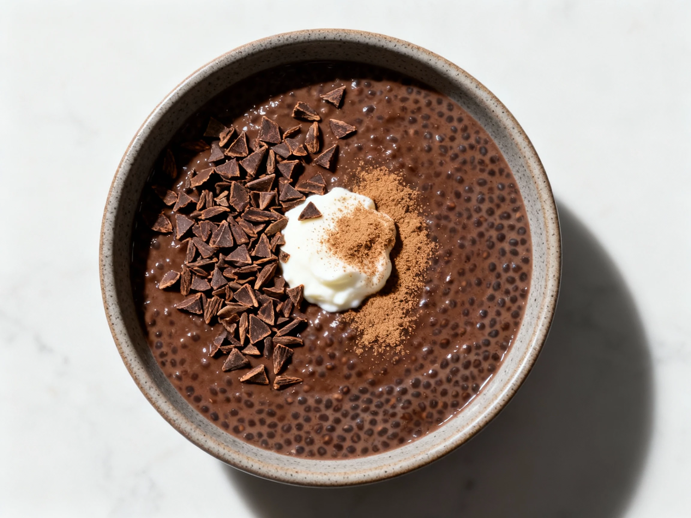 Food photography, Overhead shot of Chocolate Mocha Chia Pudding in a matte ceramic bowl: deep cocoa-brown surface topped