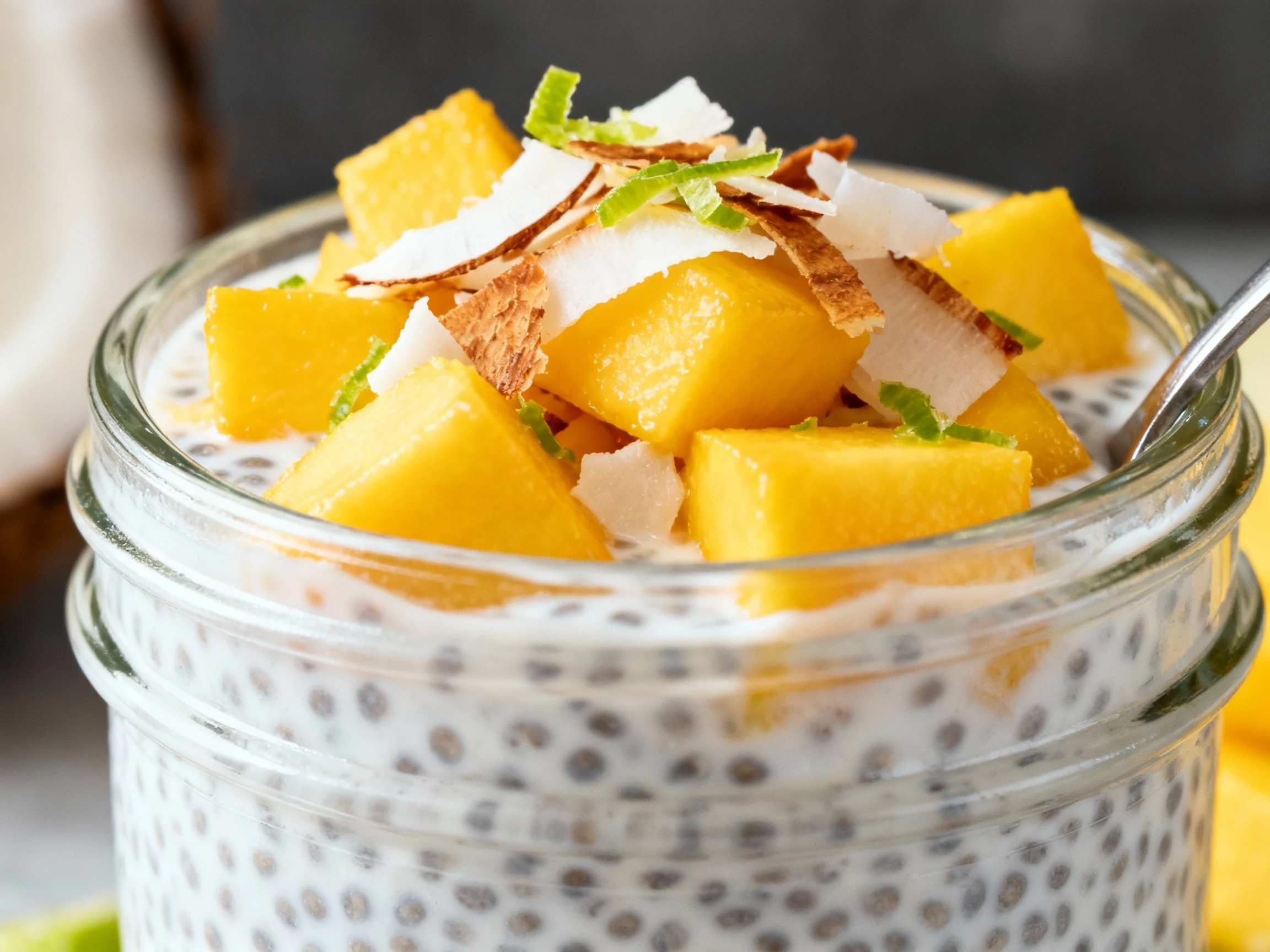 Food photography, 2. Close-up detail of Tropical Sunrise chia pudding set in a clear jar: coconut-milk chia base topped 