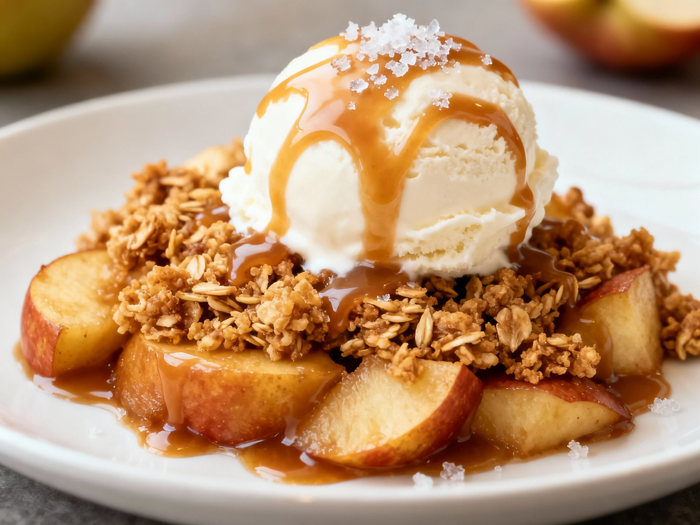 Food photography, Close-up of plated apple crisp: tender cinnamon-glazed apples beneath a golden, crunchy oat crumble, f