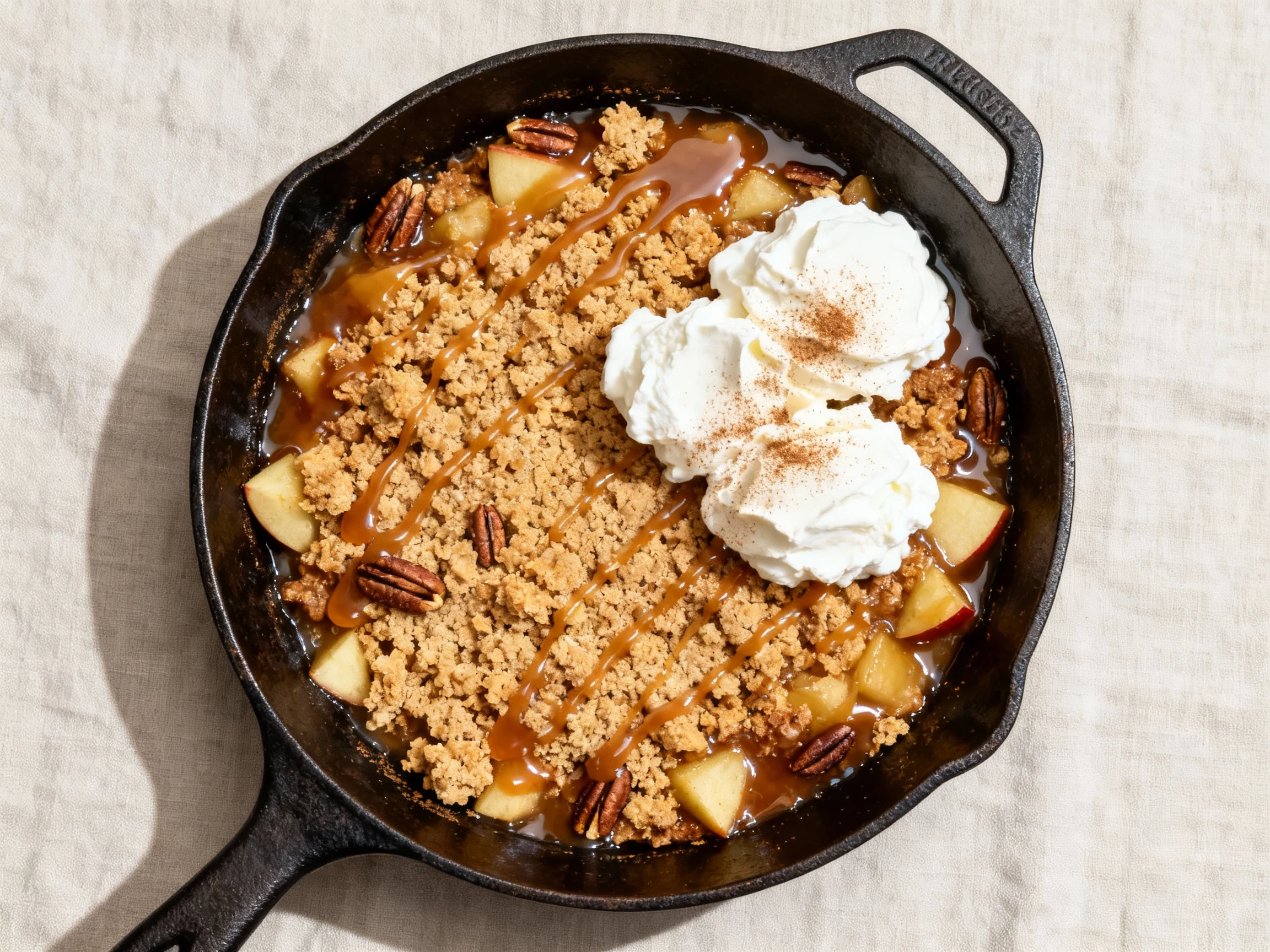 Food photography, Overhead of baked keto apple crisp in a 10-inch cast-iron skillet: golden almond flour-pecan crumble, 