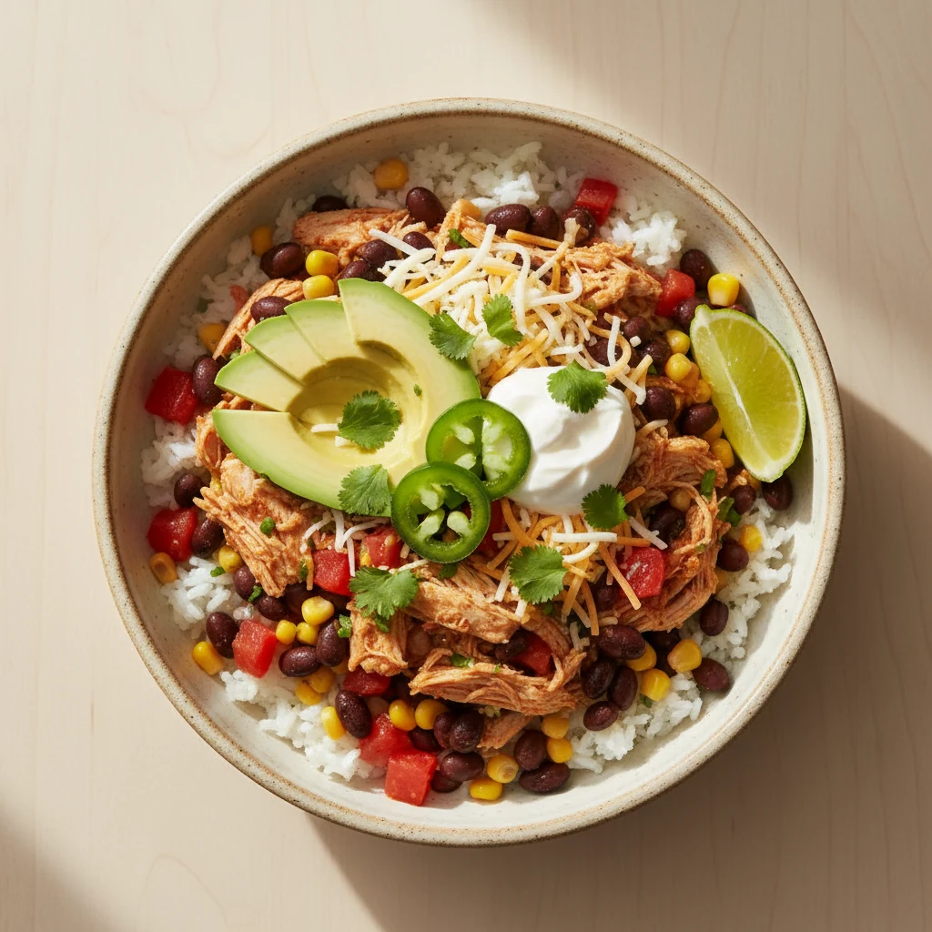 Food photography, Overhead burrito bowl: cilantro-lime salsa chicken over fluffy white rice with saucy tomatoes, black b