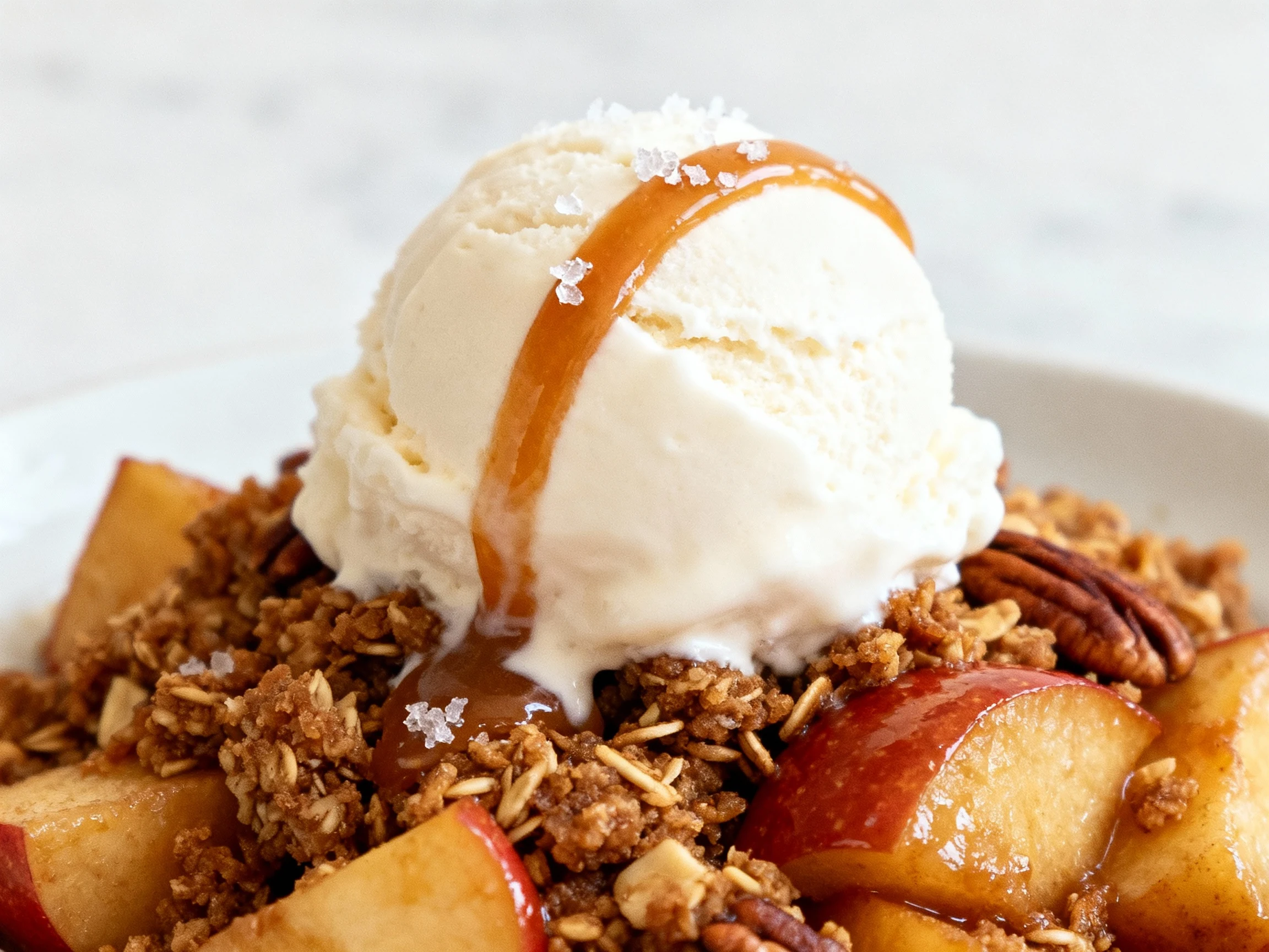 Food photography, 2. Close-up of a plated serving—warm caramel apple crisp with glossy cinnamon-nutmeg apples beneath cr