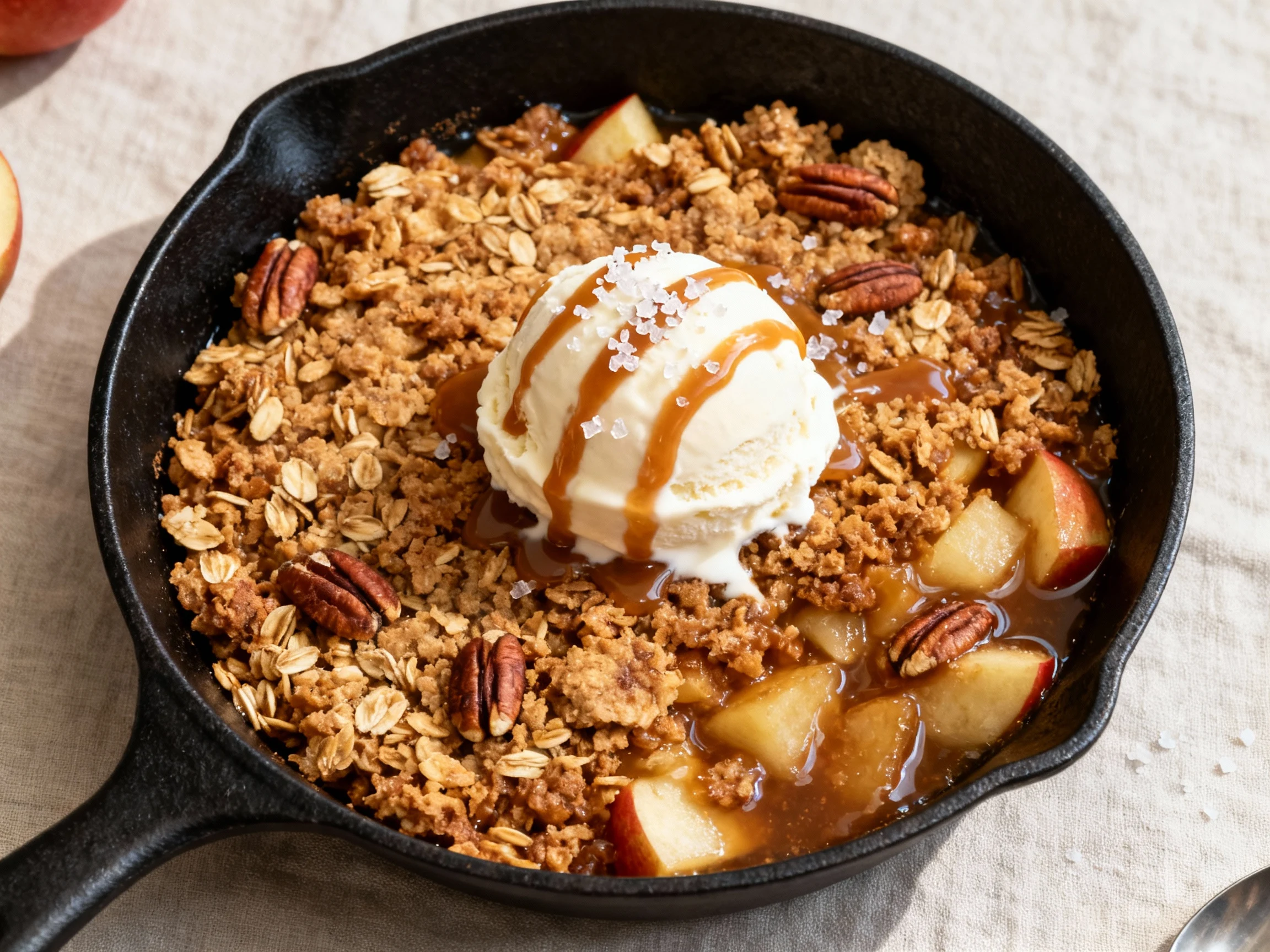 Food photography, Tasty top view final: Overhead shot of salted caramel apple crisp in a black skillet—deeply golden, ch