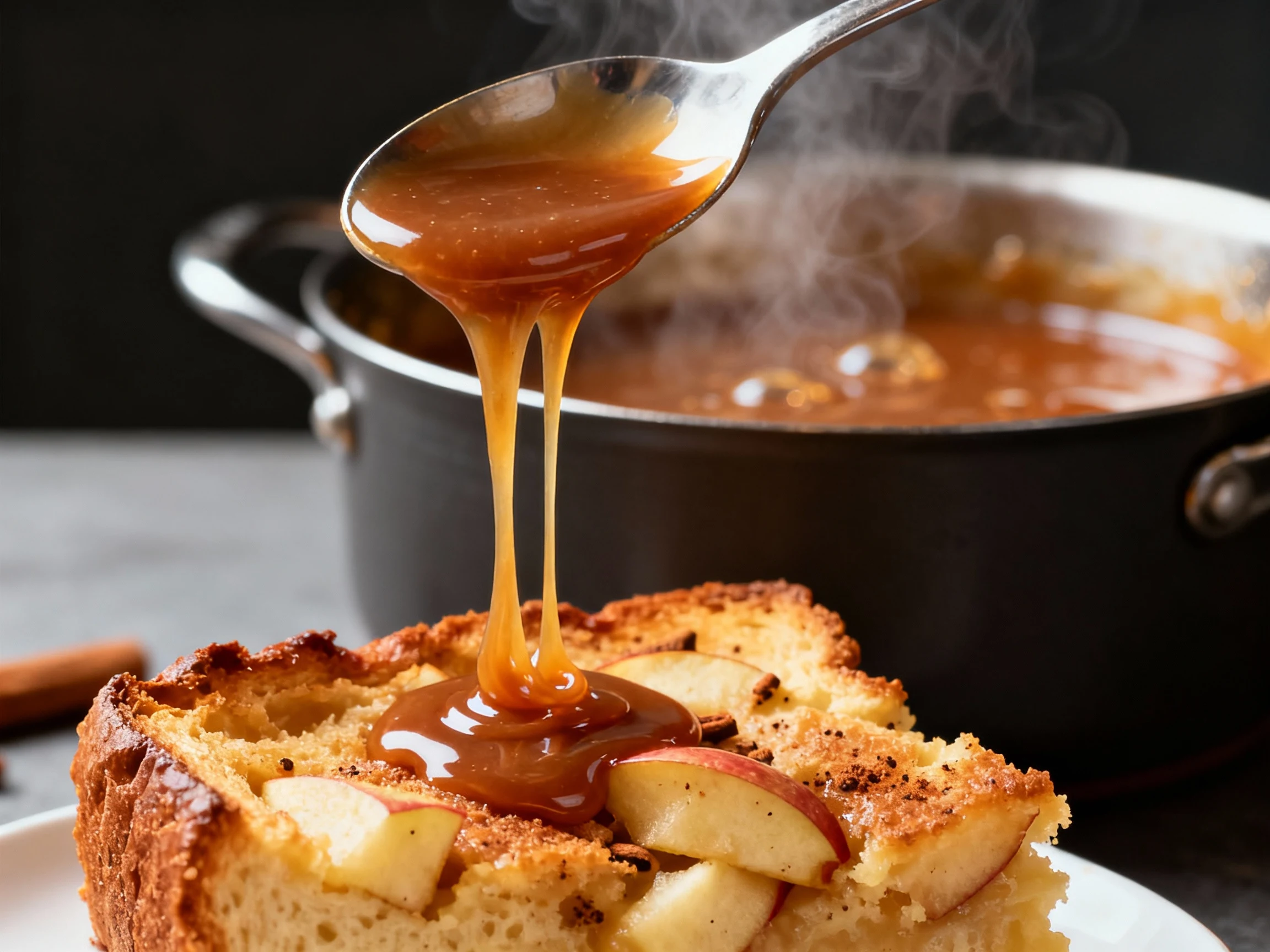 Food photography, Close-up cooking process: reduced apple cider caramel bubbling in a saucepan, amber sheen and steam, t