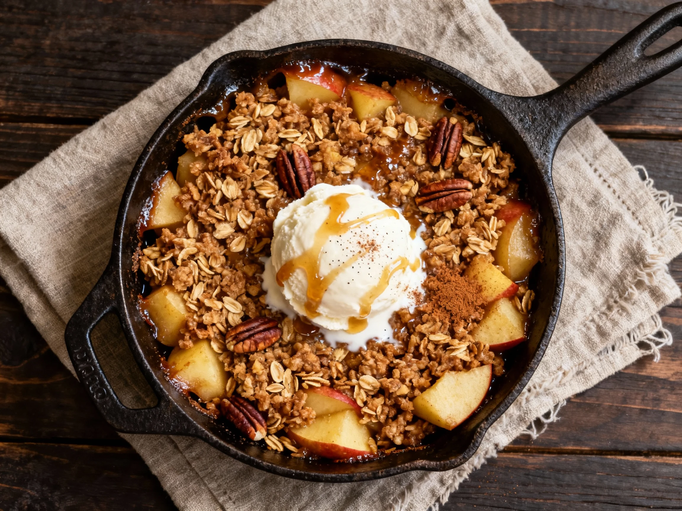 Food photography, Top-down final dish: deep-golden apple crisp with chunky oat–pecan topping in cast-iron, bubbling edge