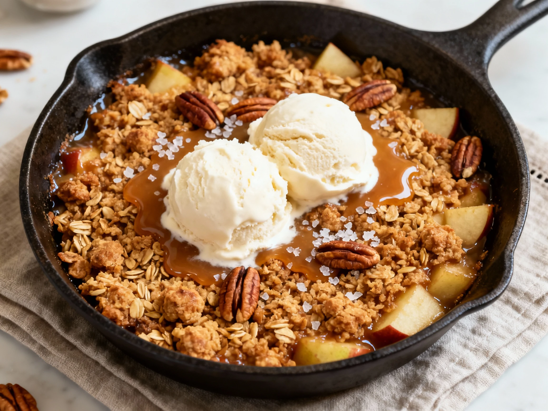 Food photography, Tasty top view: Brown-butter apple crisp just out of the oven—deep golden, ultra-crisp oat crumble wit