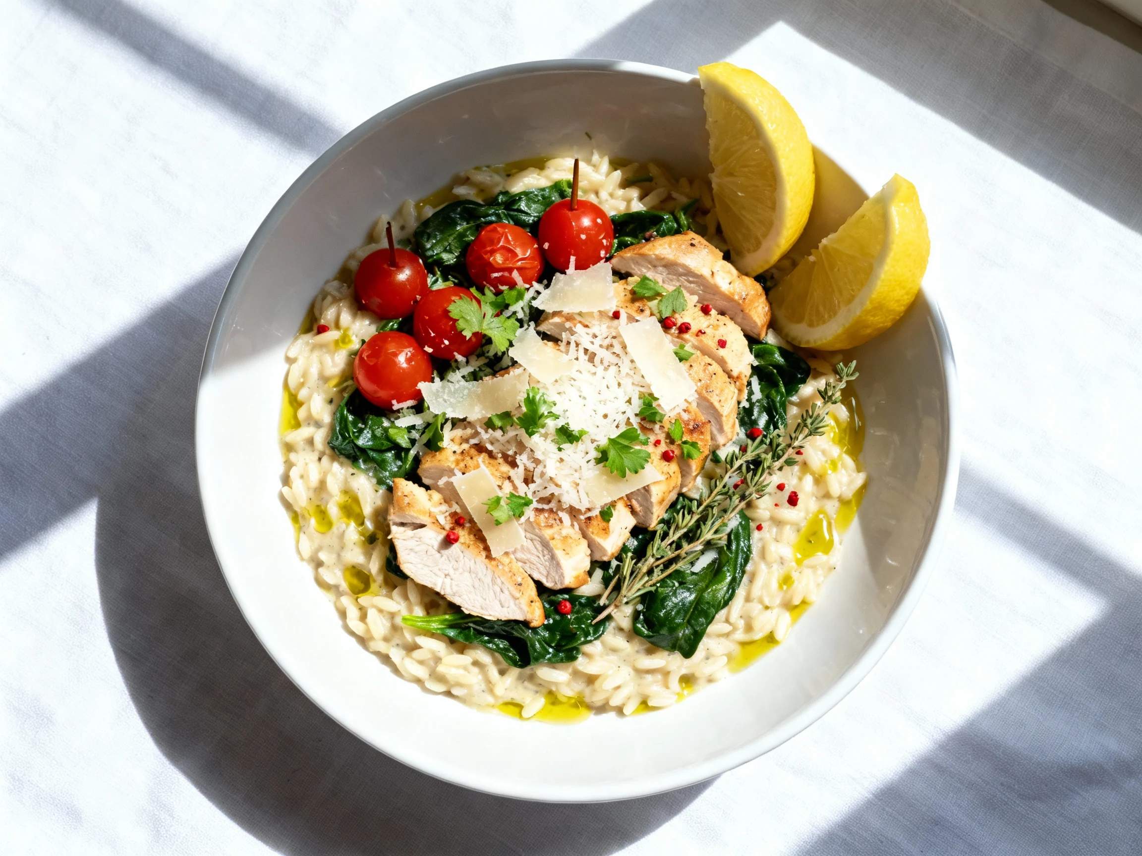 Food photography, Final dish, appetizing top-down view: creamy lemon-Parmesan orzo with juicy sliced chicken, wilted spi