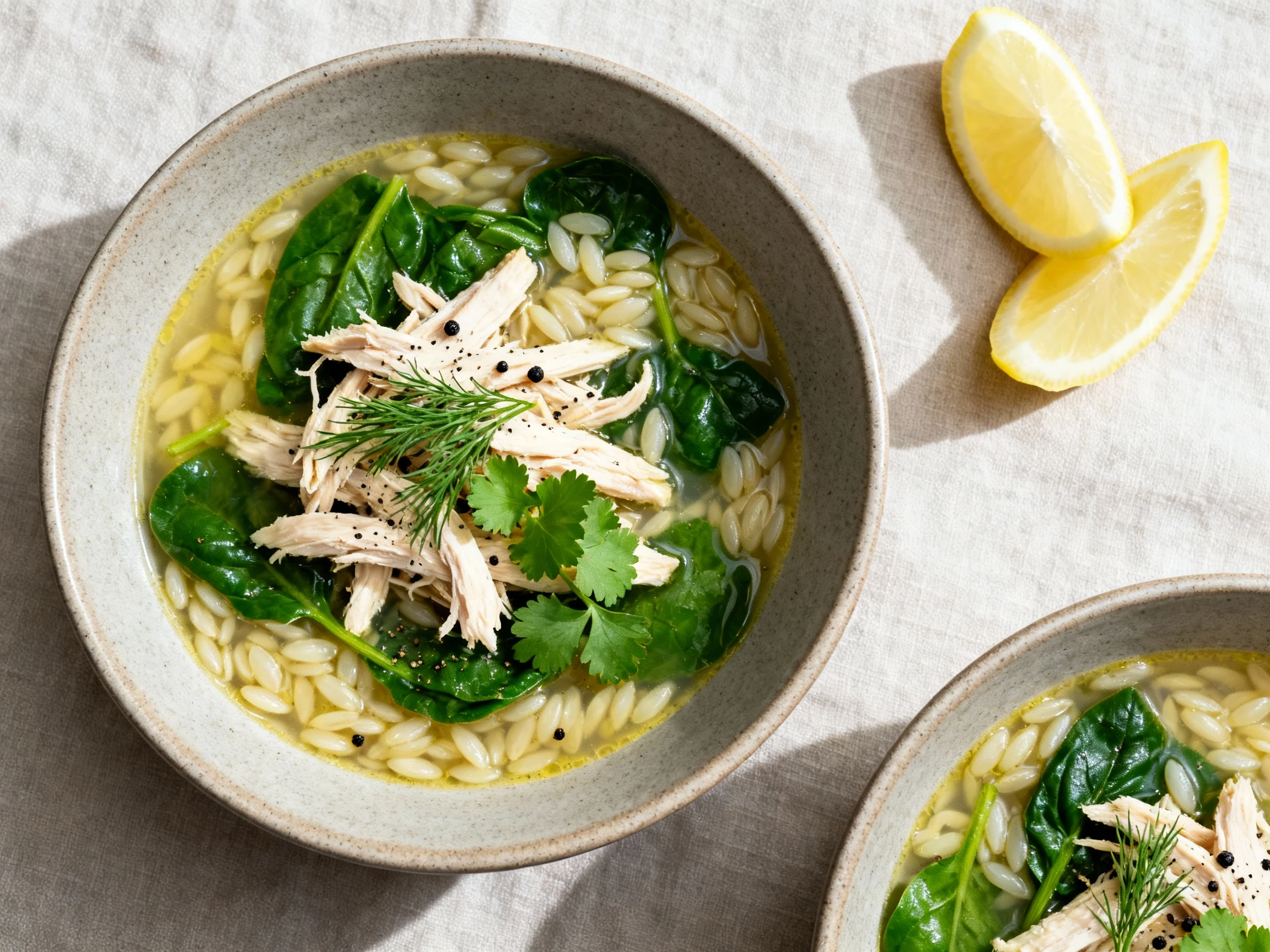 Food photography, 2. Tasty top view final dish: beautifully plated chicken orzo soup in matte ceramic bowls; juicy shred